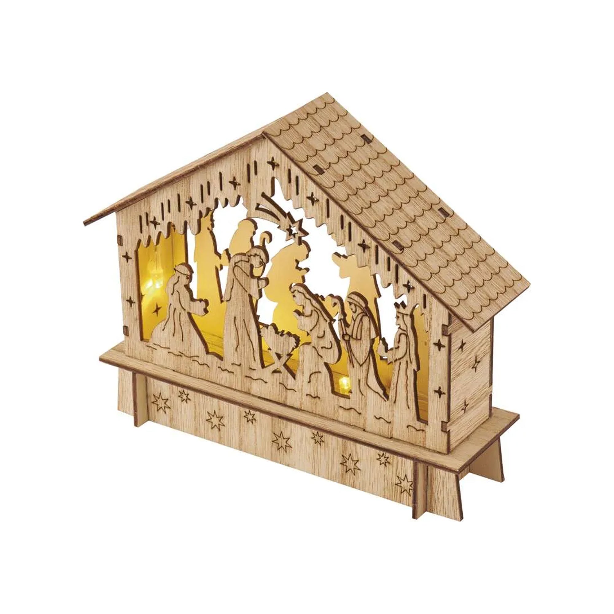 LED Christmas nativity scene, indoor, wooden, warm white, timer, 2xAA, 15cm