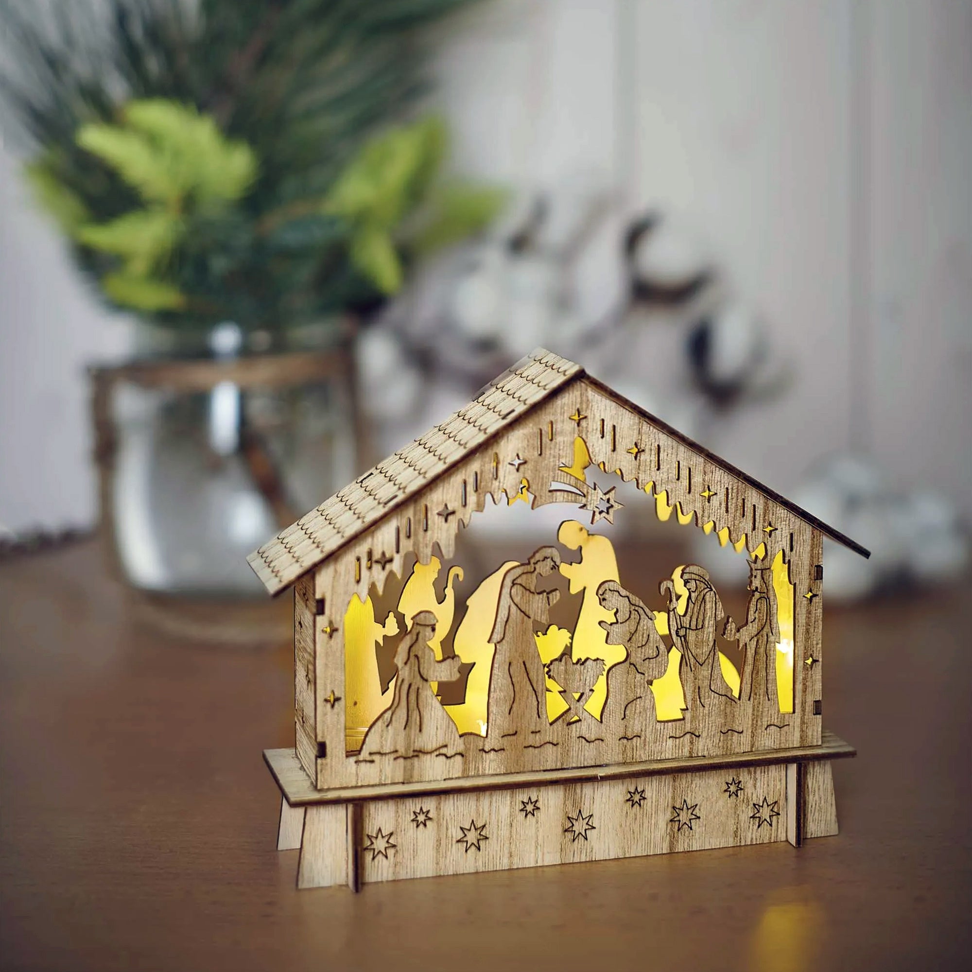 LED Christmas nativity scene, indoor, wooden, warm white, timer, 2xAA, 15cm