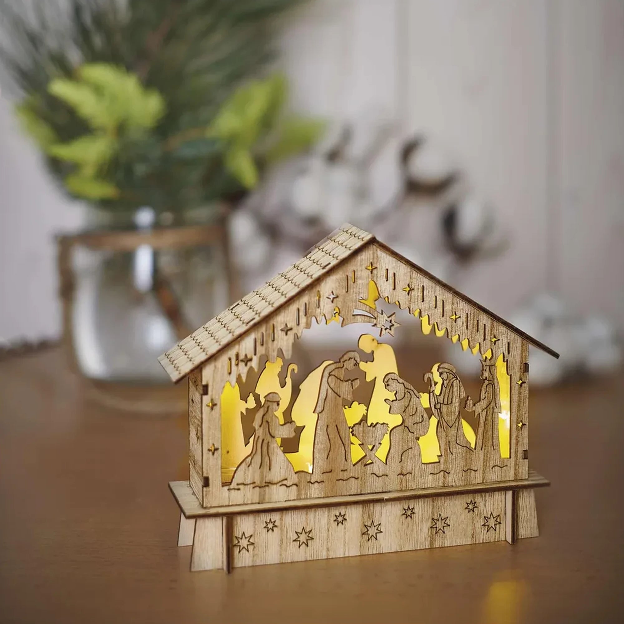 LED Christmas nativity scene, indoor, wooden, warm white, timer, 2xAA, 15cm