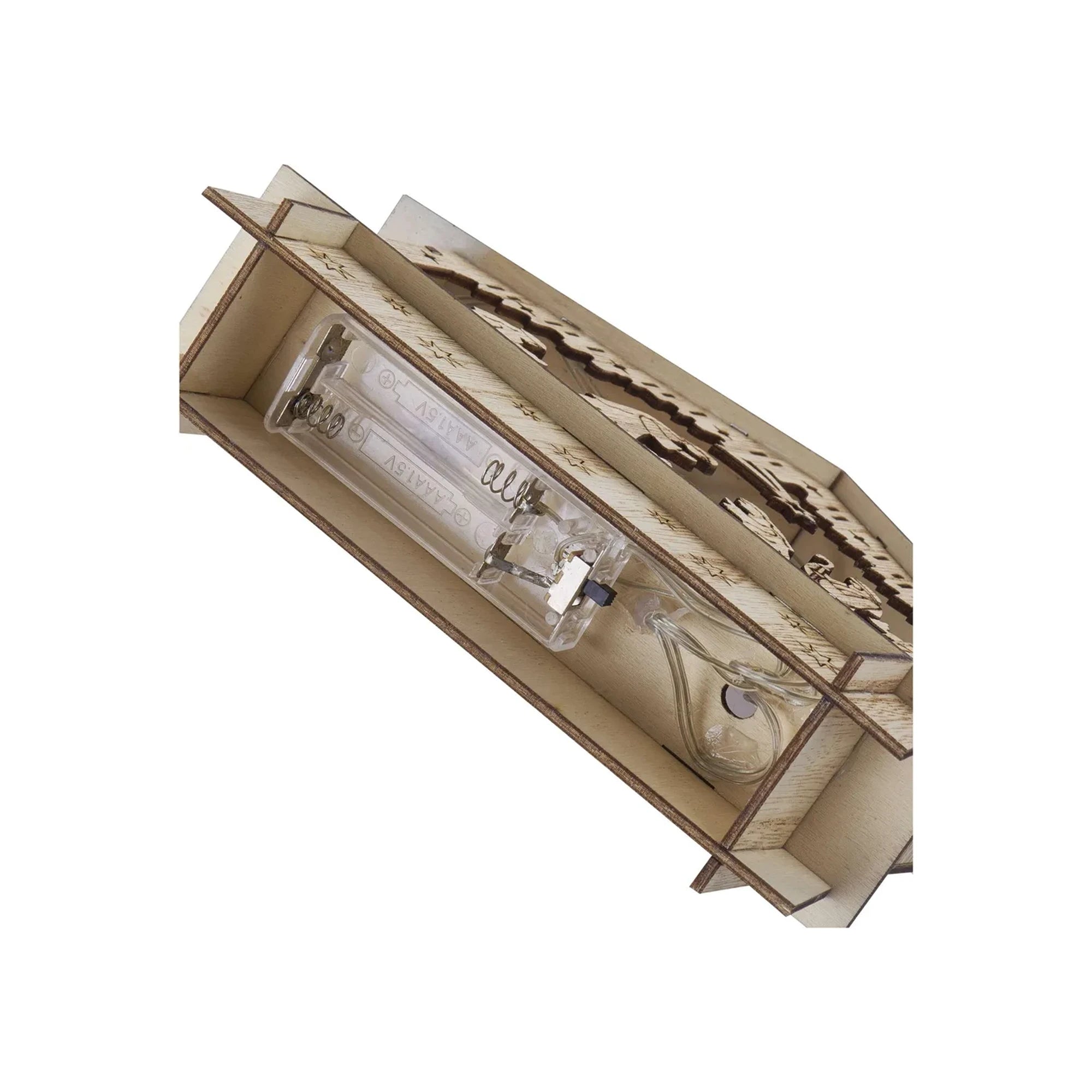 LED Christmas nativity scene, indoor, wooden, warm white, timer, 2xAA, 15cm