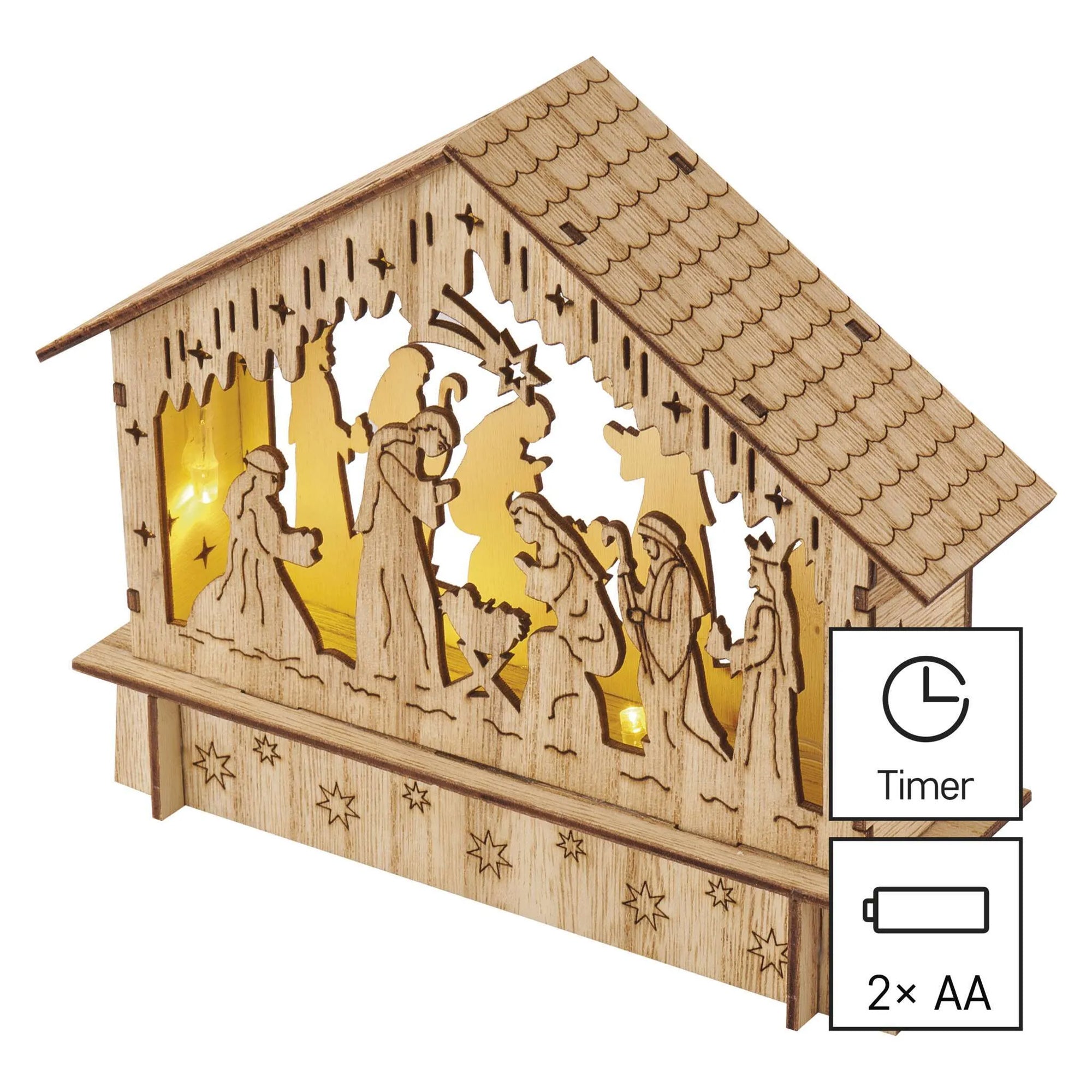 LED Christmas nativity scene, indoor, wooden, warm white, timer, 2xAA, 15cm