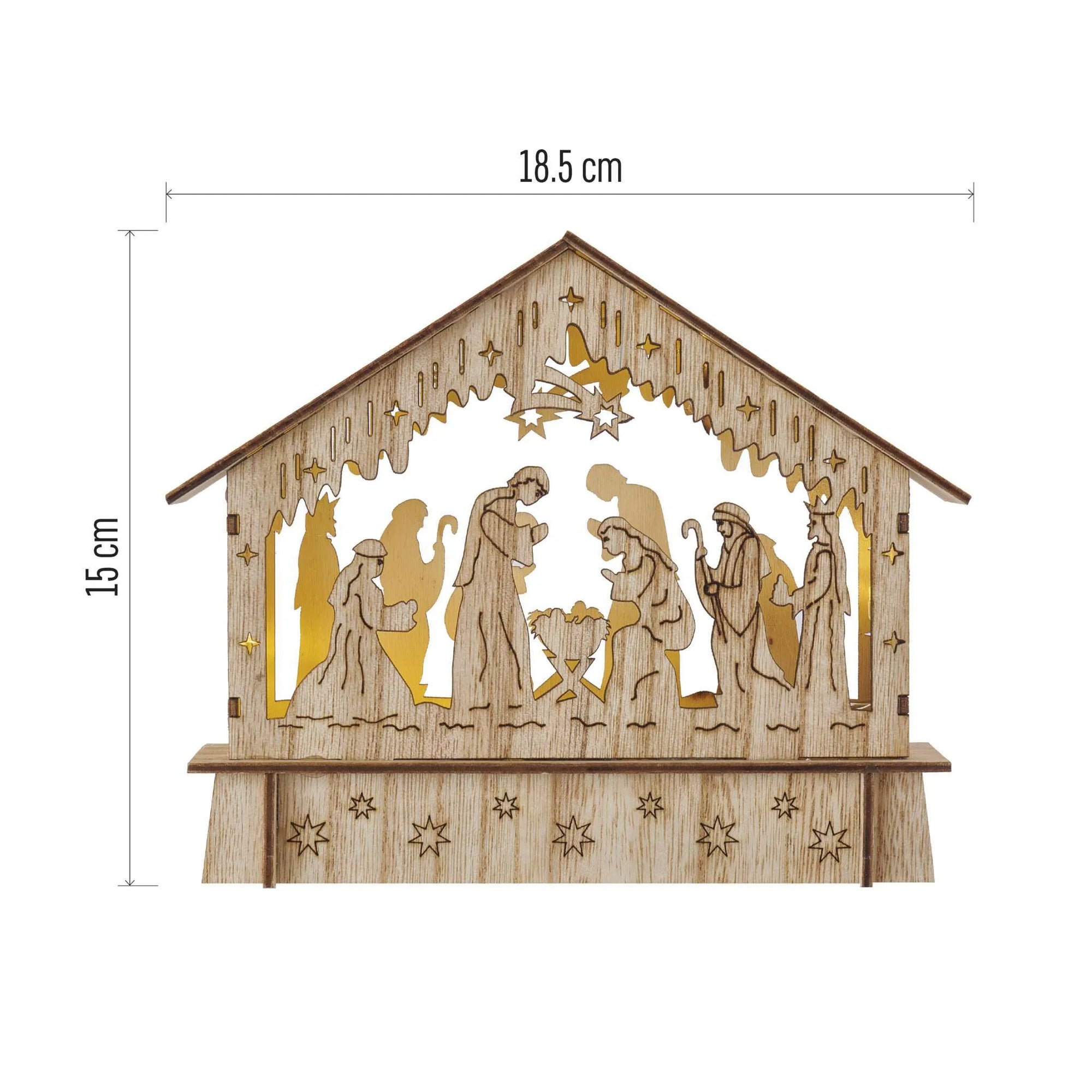 LED Christmas nativity scene, indoor, wooden, warm white, timer, 2xAA, 15cm