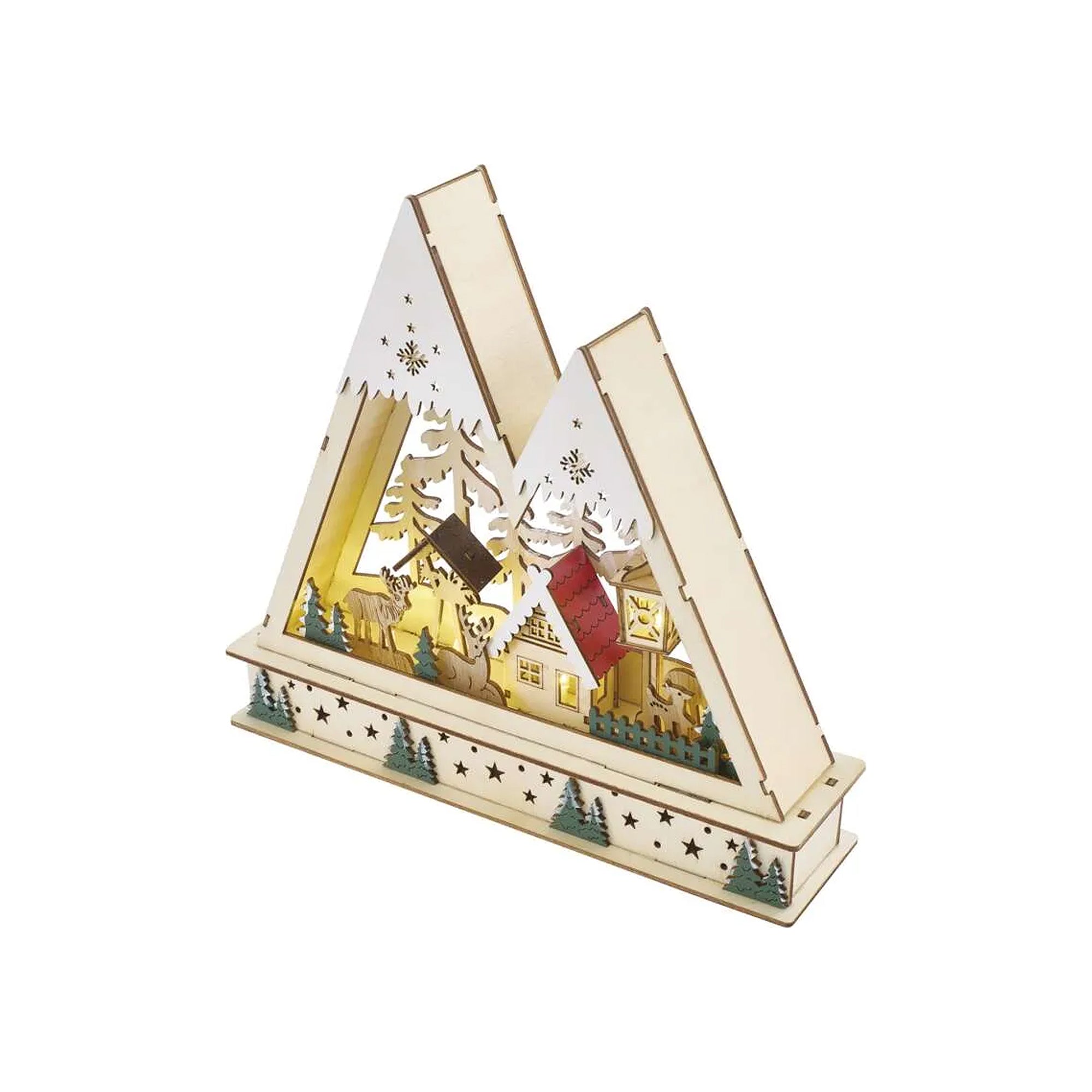 LED Christmas decoration, Christmas landscape, indoor, wooden, warm white, timer, 2xAA