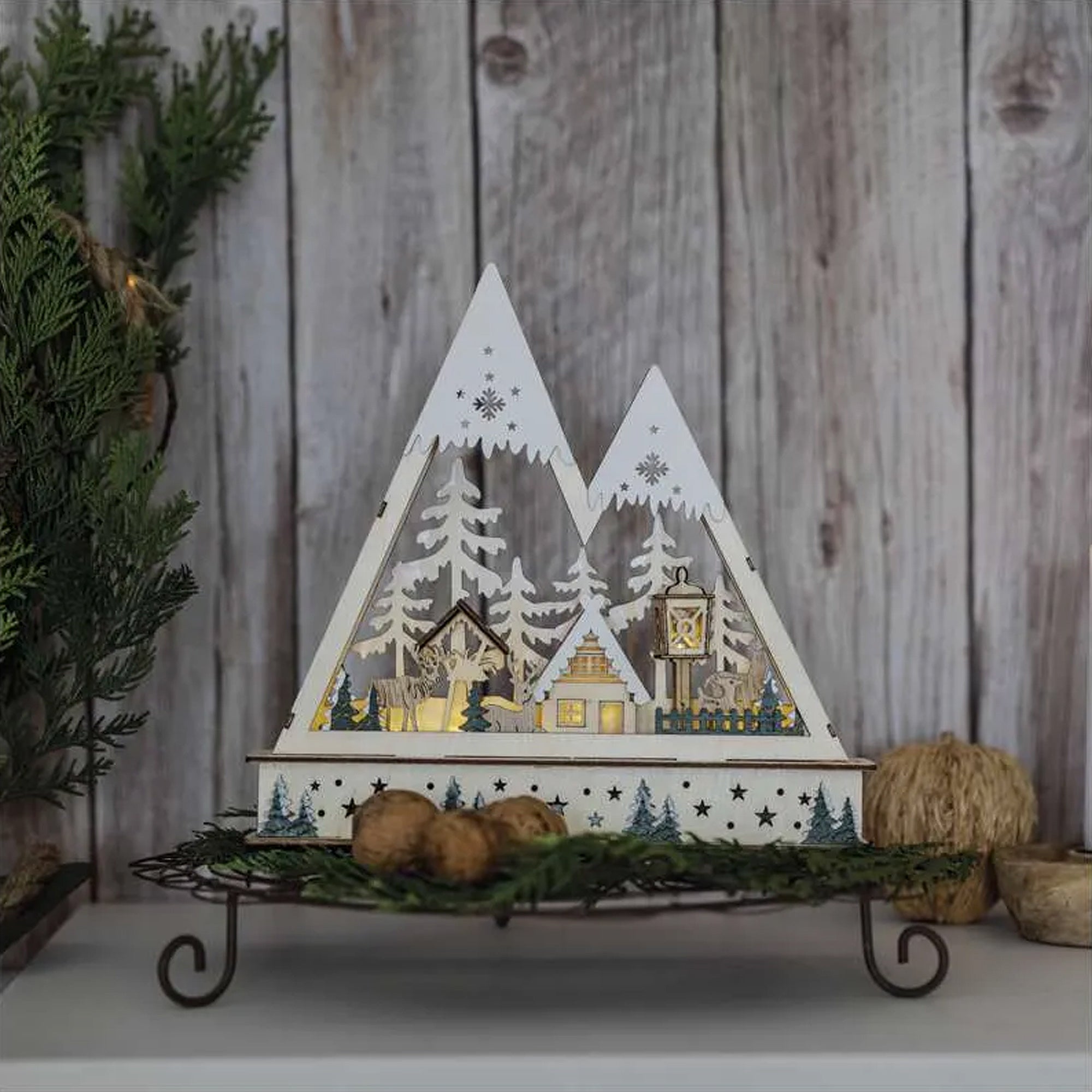 LED Christmas decoration, Christmas landscape, indoor, wooden, warm white, timer, 2xAA