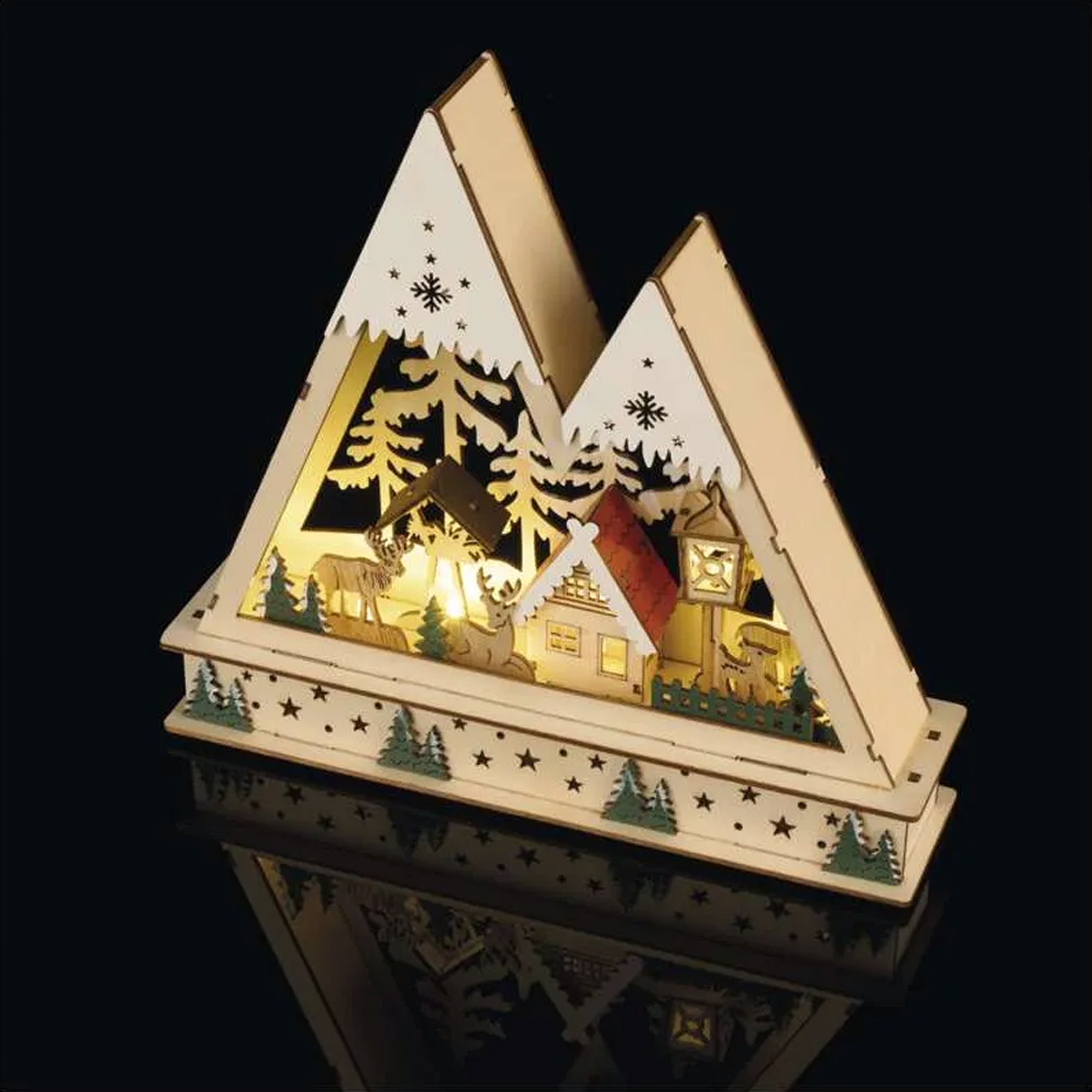 LED Christmas decoration, Christmas landscape, indoor, wooden, warm white, timer, 2xAA