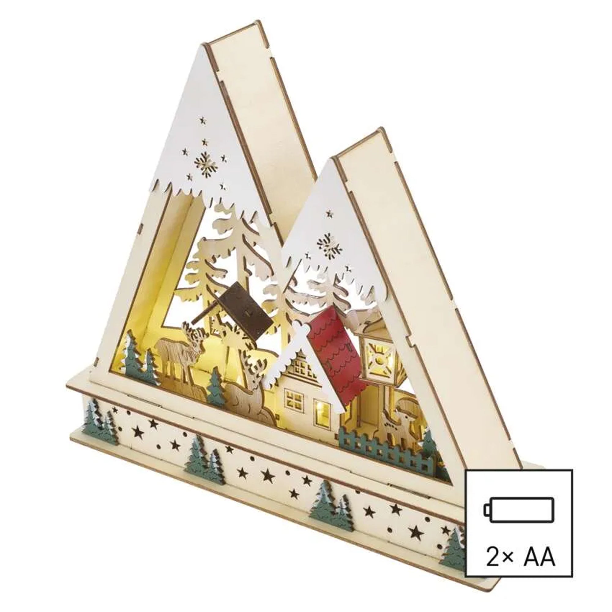 LED Christmas decoration, Christmas landscape, indoor, wooden, warm white, timer, 2xAA