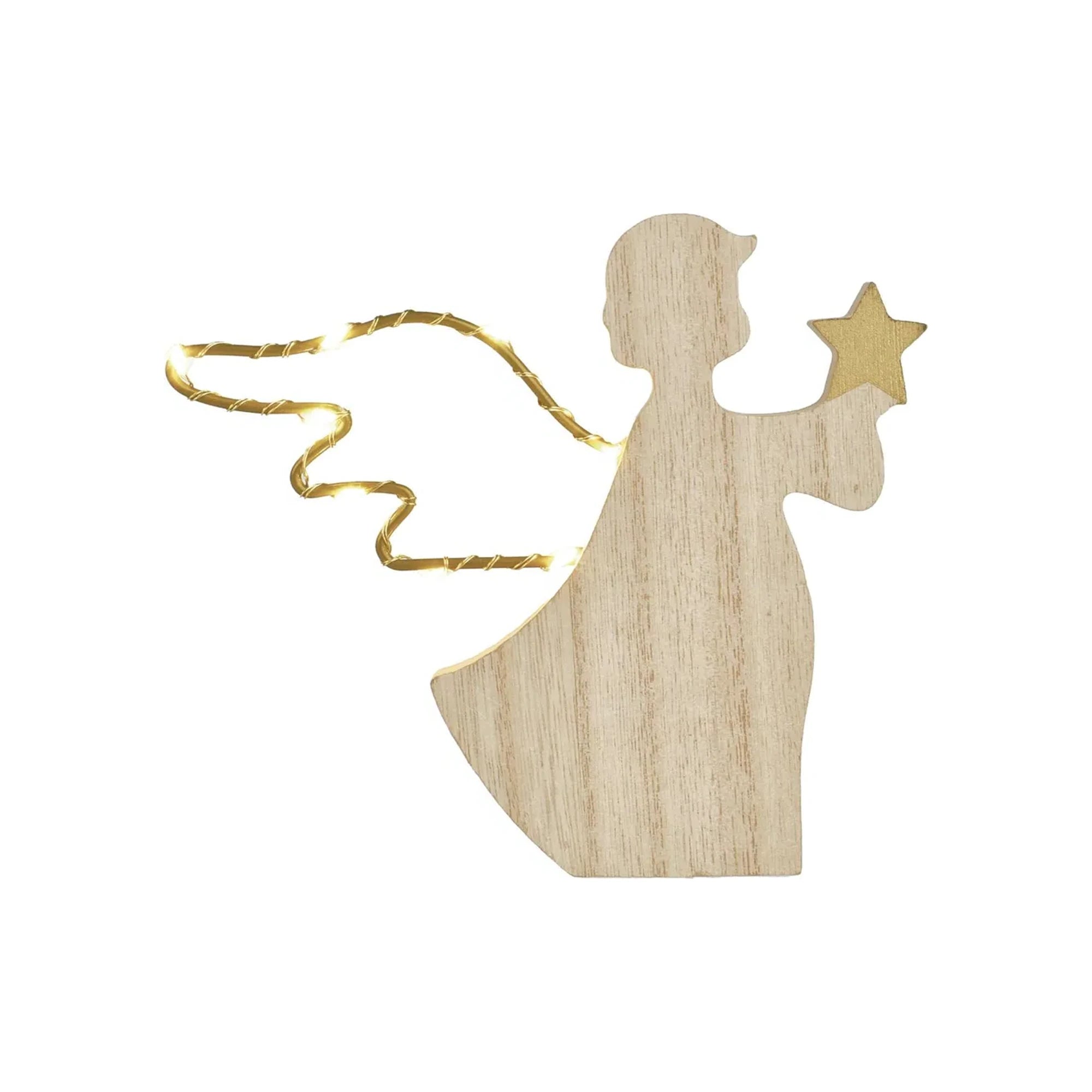 Božićna dekoracija, anđeo, drveni, LED, toplo bijela, 2xAAA, IP20, 13cm