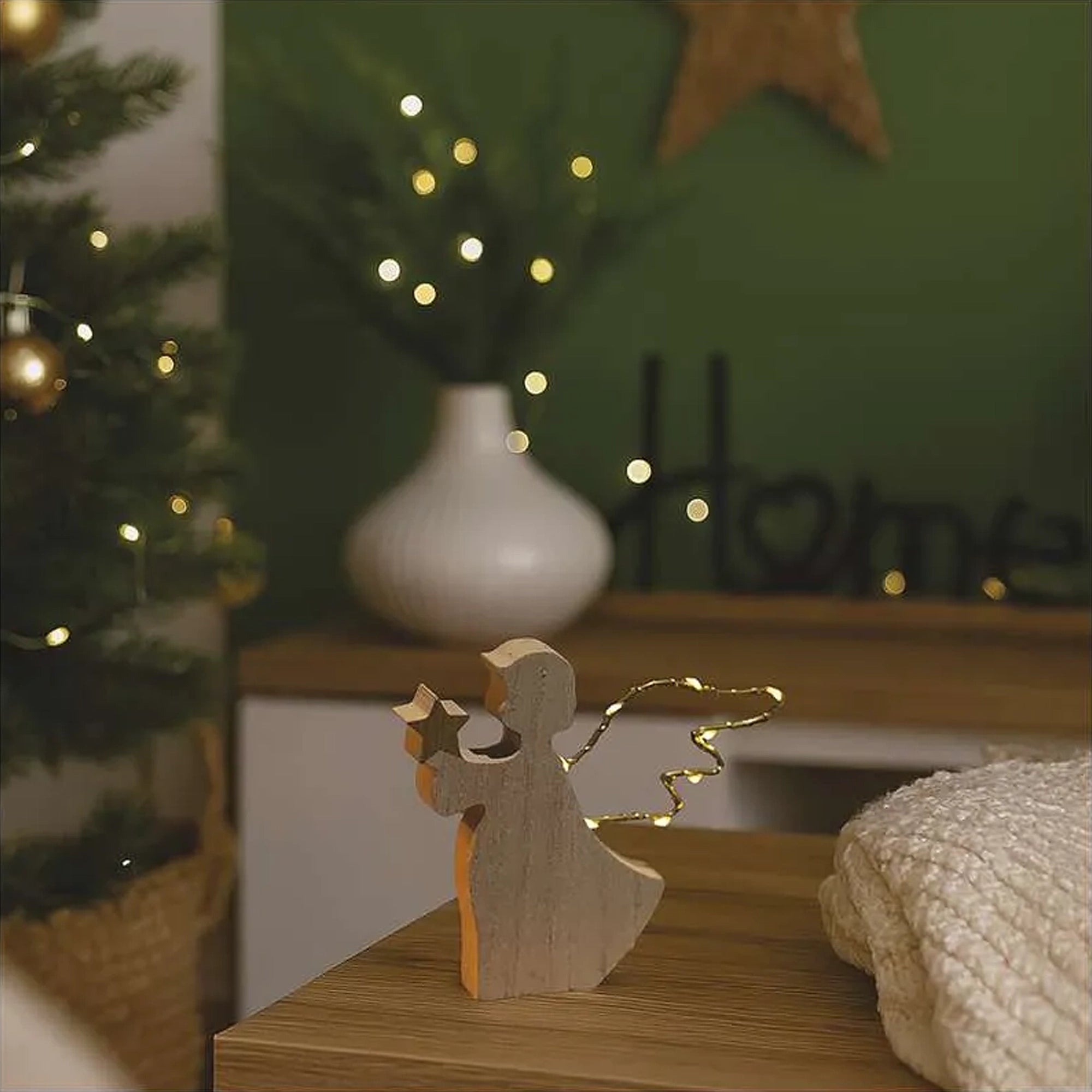 Božićna dekoracija, anđeo, drveni, LED, toplo bijela, 2xAAA, IP20, 13cm