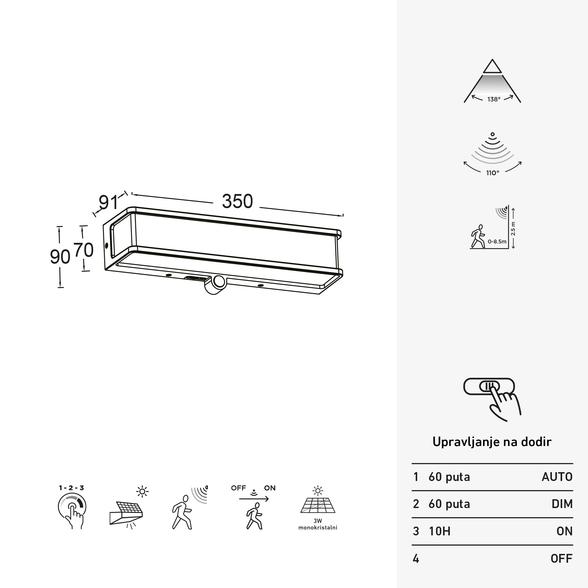 DOBLO LED solarna zidna svjetiljka, senzor pokreta, tamno siva, 16.5W, 4000K, IP54, 90mm