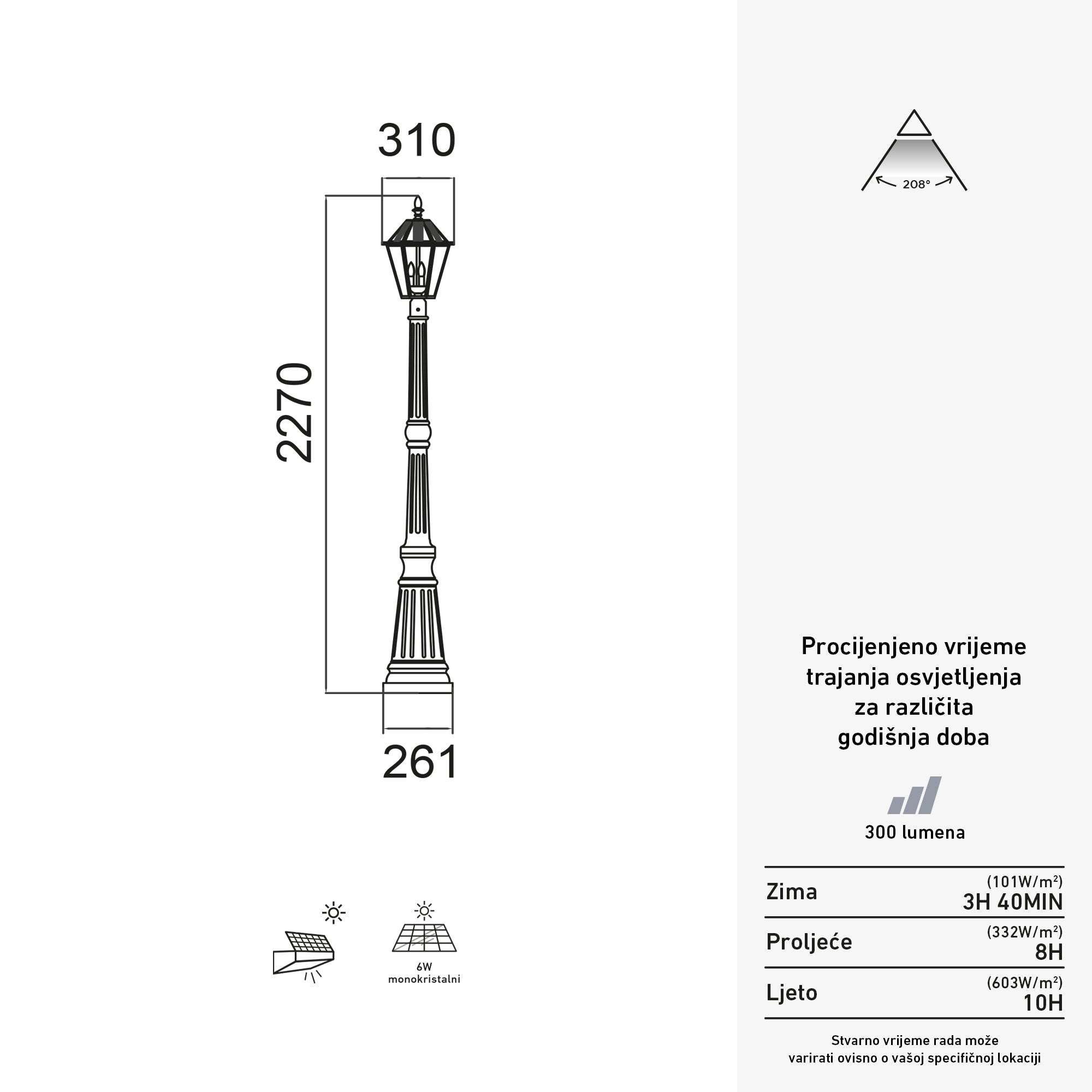 LONDON solarna vrtna svjetiljka, mat crna, 3xE12, 3000K, IP44, 2270mm