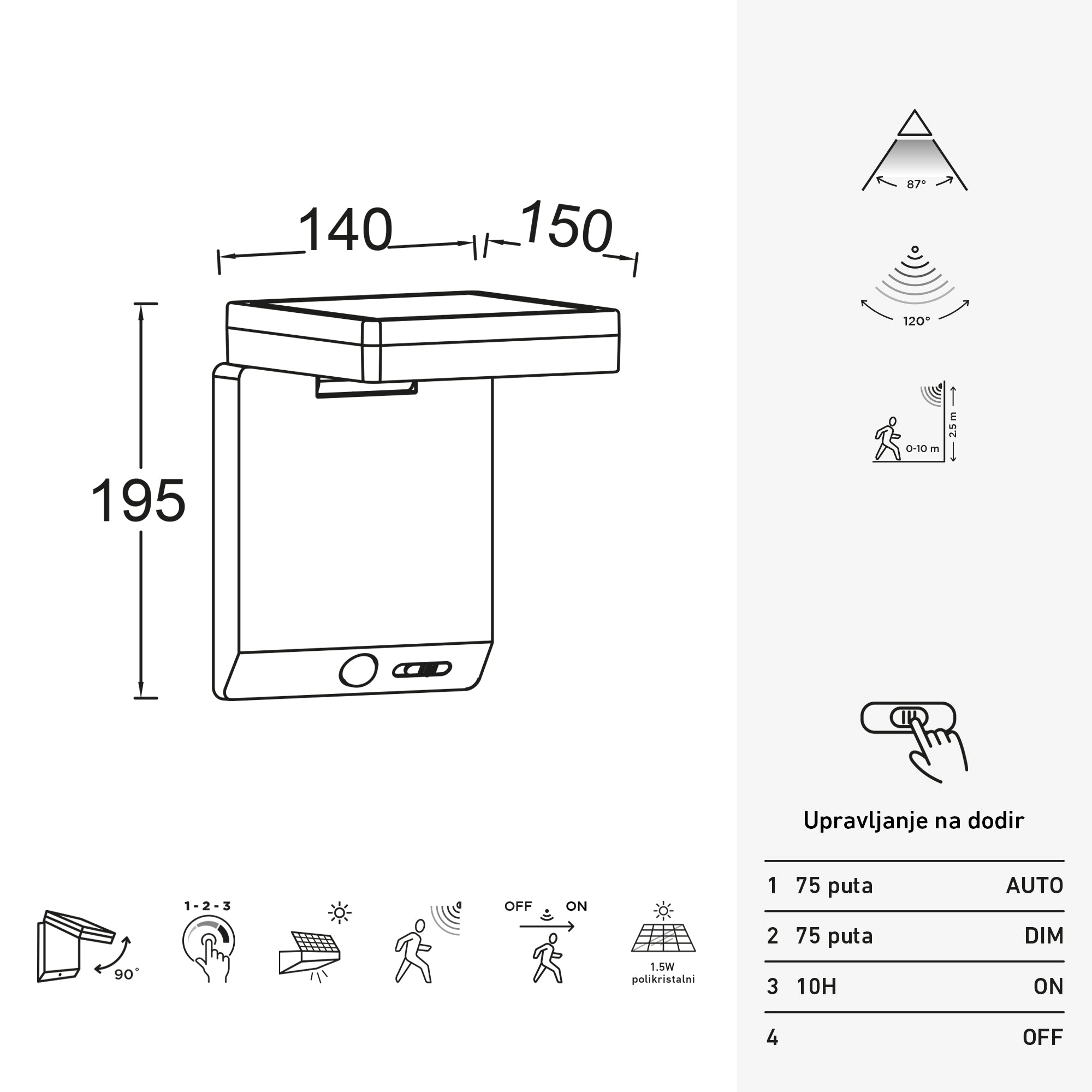 MOZE LED solarna zidna svjetiljka, senzor pokreta, mat crna, 8W, 4000K, IP44, 195mm