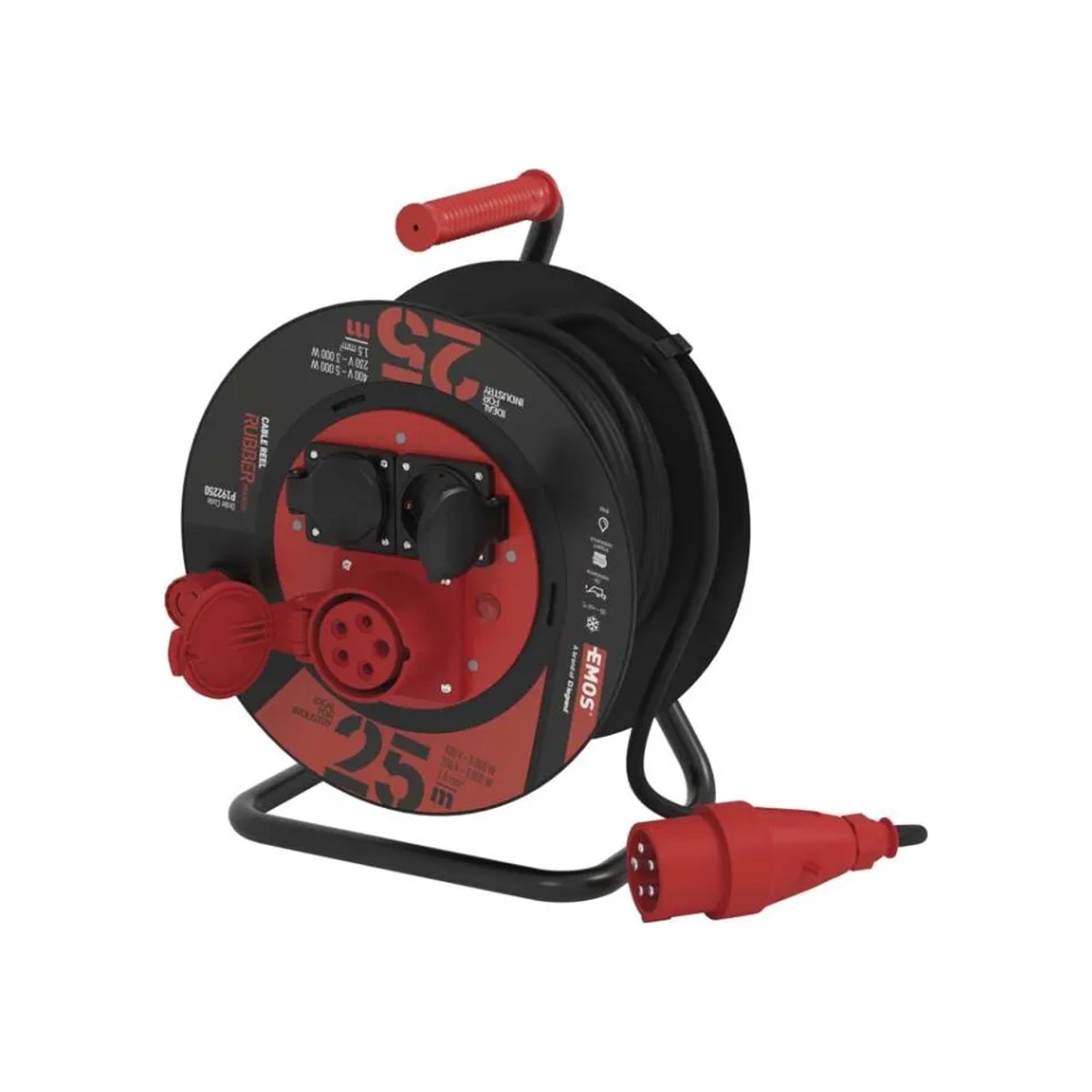 Produžni kabel na kolutu 25m, 3 utičnice, guma, 230V/400V, 1.5mm2, IP44