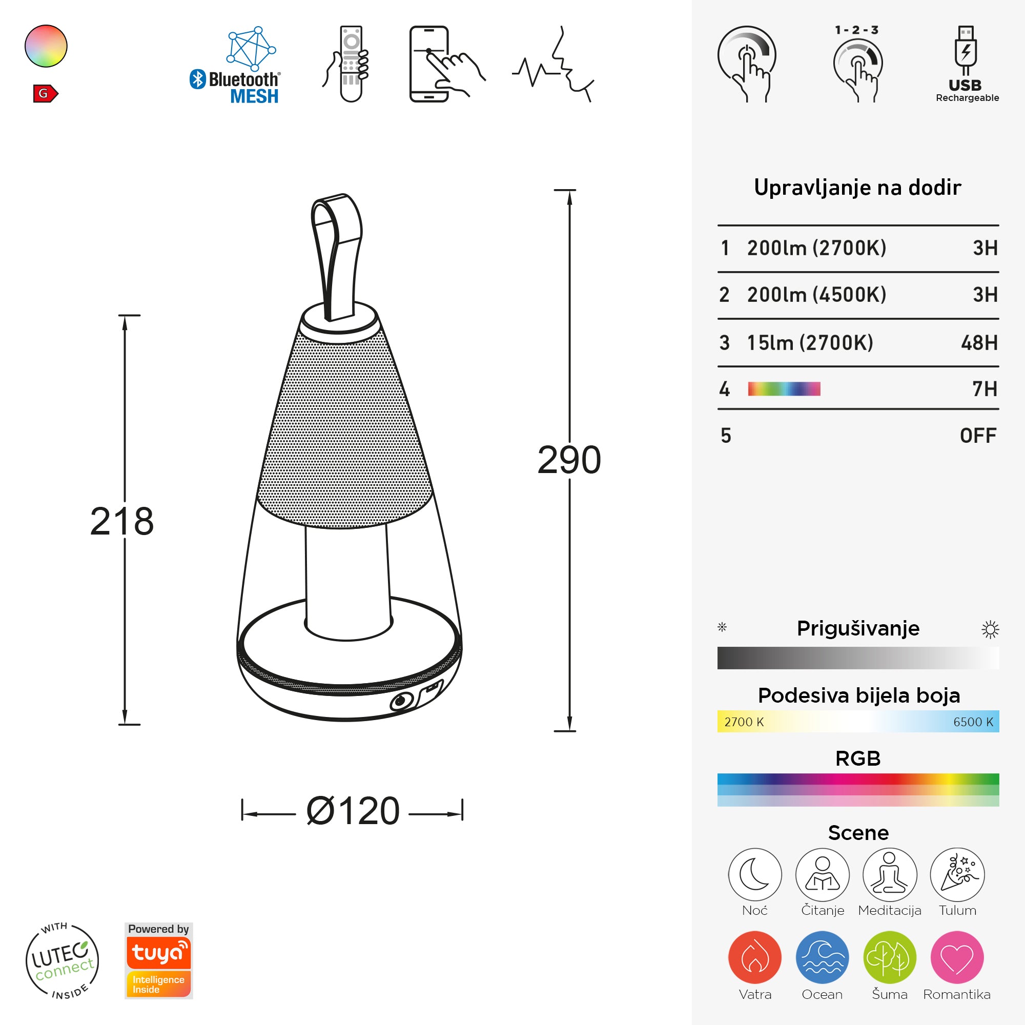 PEPPER LED stolna lampa, pametna, bijela, 4.5W, CCT+RGB, IP54, 290mm
