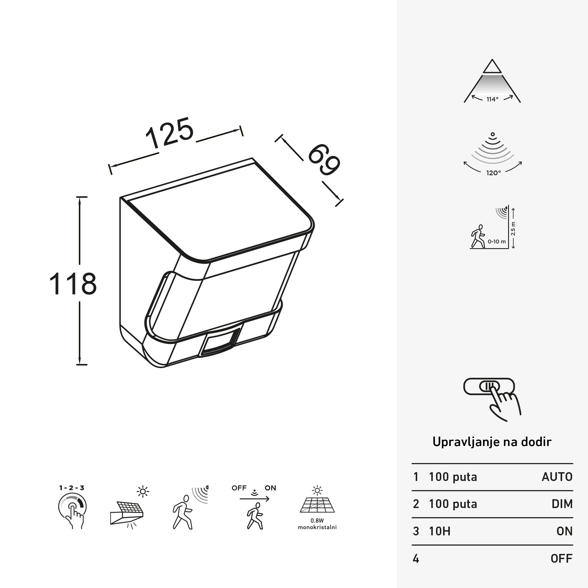 TRY LED solarna zidna svjetiljka, senzor pokreta, mat crna, 8W, 5000K, IP44, 118mm