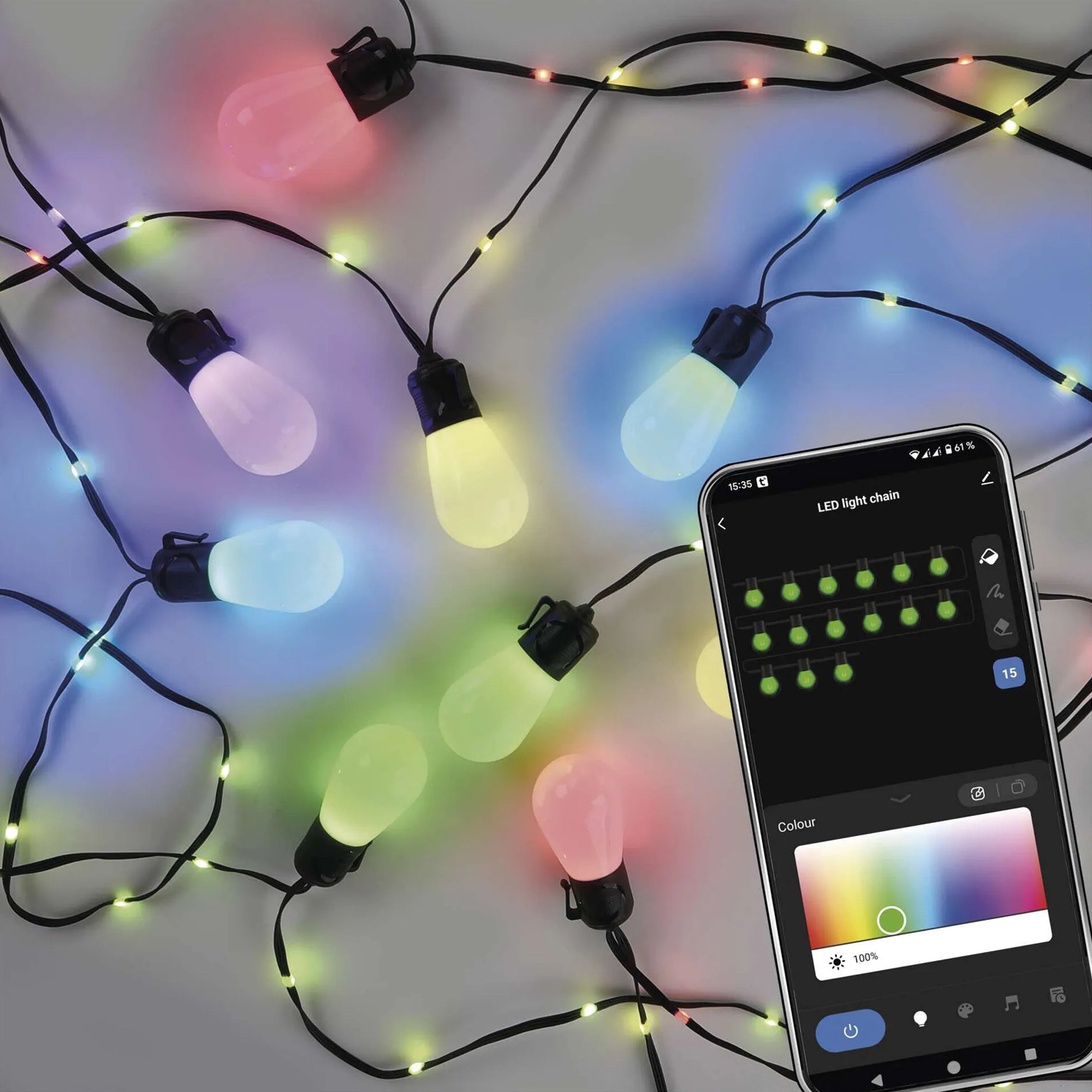 LED rasvjetni lanac, 15 žarulja, GoSmart, RGBIC, WiFi, IP65, 15m