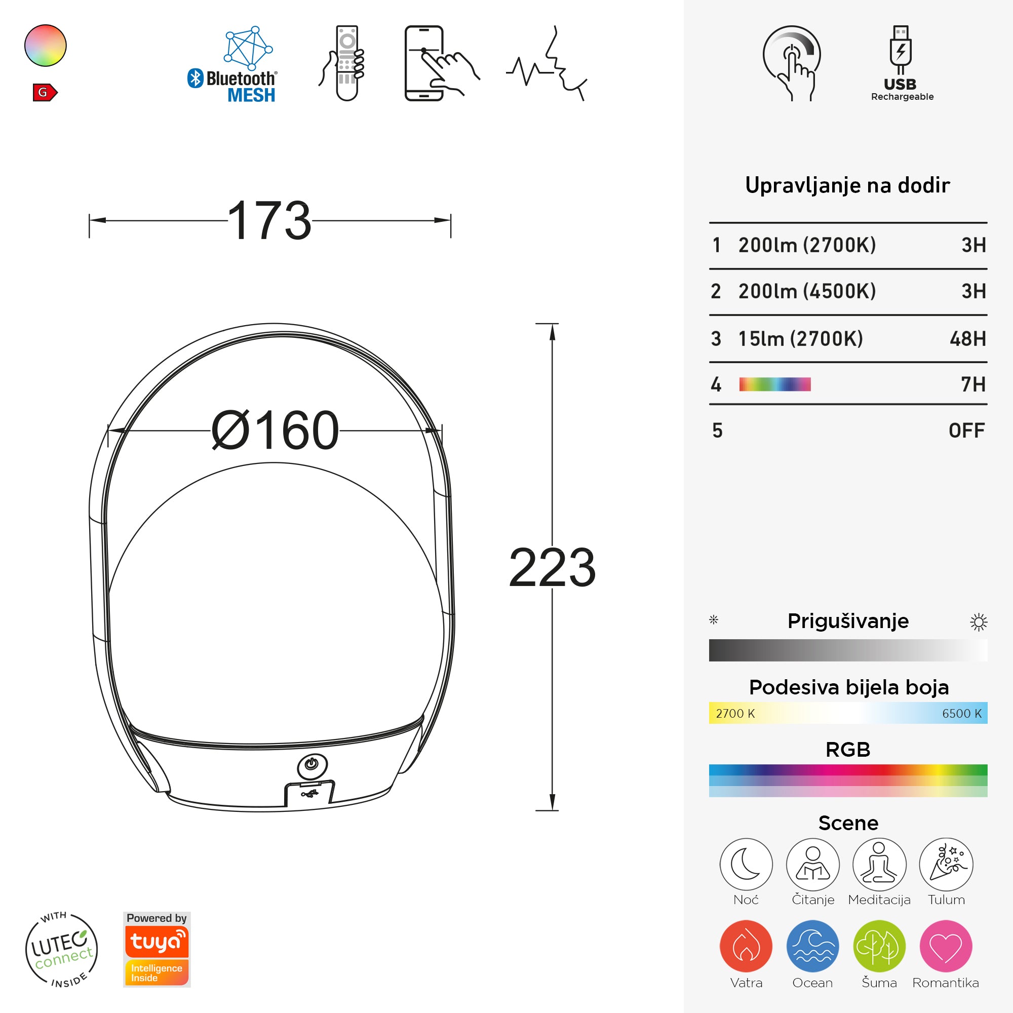 CARDI LED stolna lampa, pametna, mat crna, 3.3W, CCT+RGB, IP54, 223mm