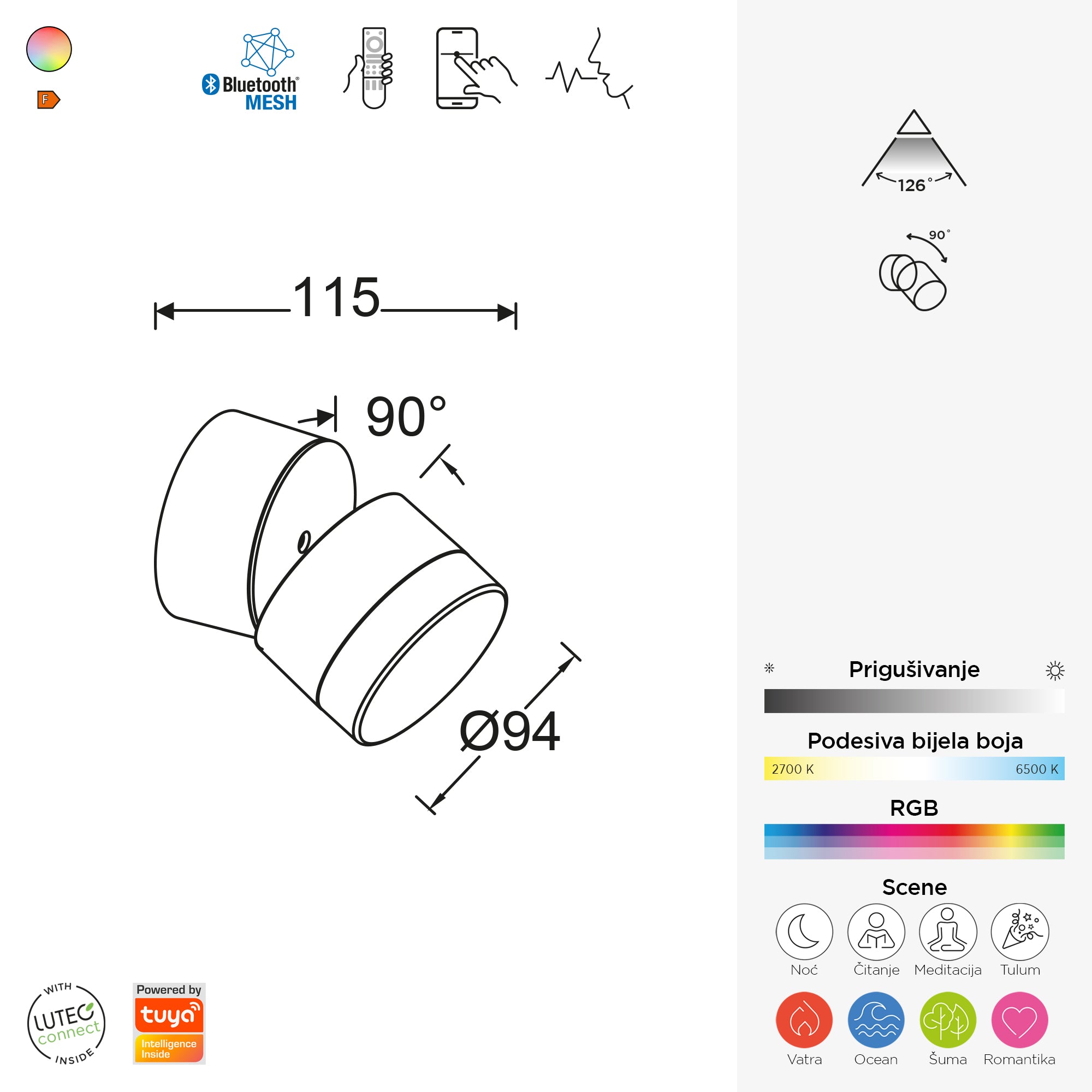 DROPSI LED zidna svjetiljka, pametna, tamno siva, 9.5W, CCT+RGB, IP44, 94mm