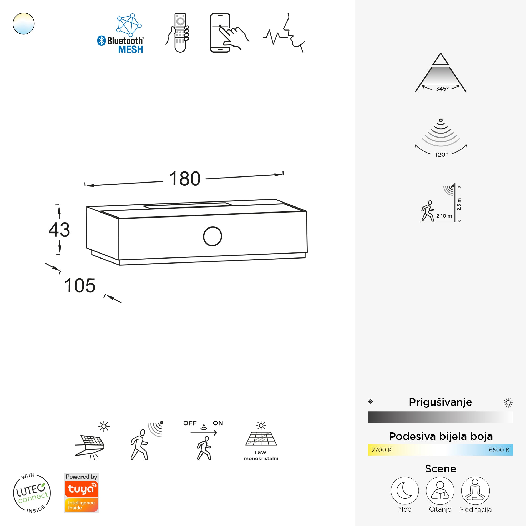 FADI LED solarna zidna svjetiljka, senzor pokreta, pametna, mat crna, 5W, CCT, IP54, 43mm