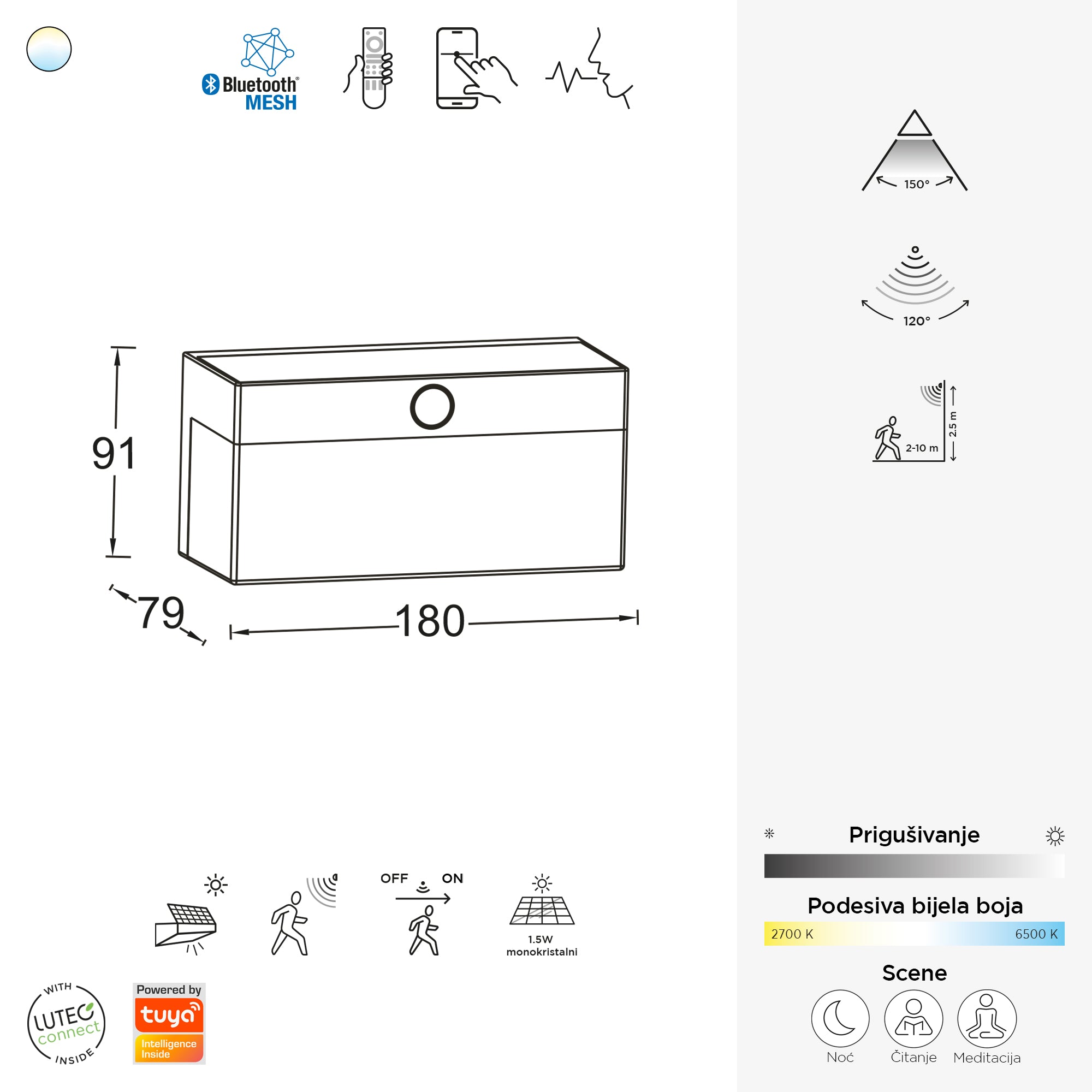 FRAN LED solarna zidna svjetiljka, senzor pokreta, pametna, mat crna, 9.7W, CCT, IP44, 91mm