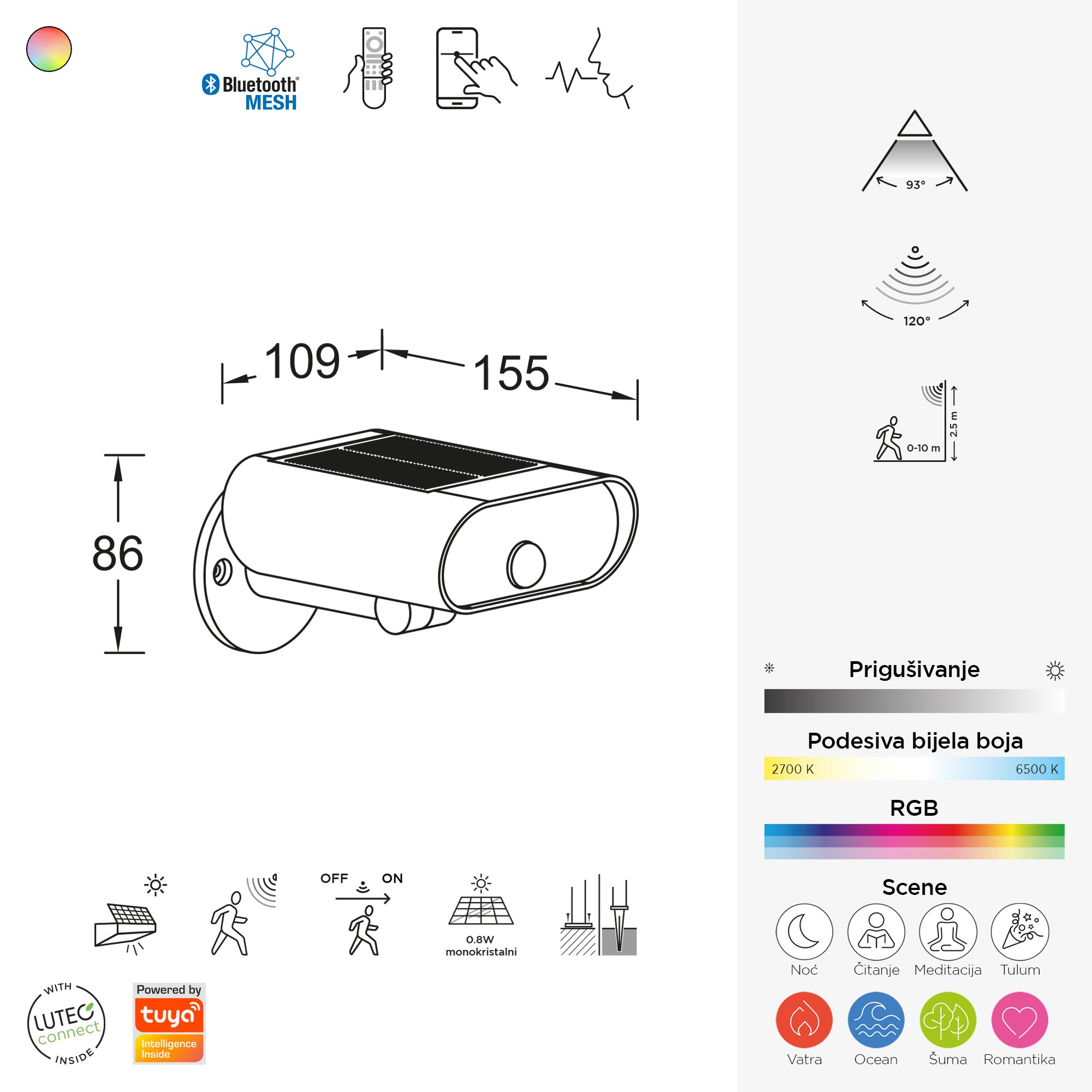 GINBO LED solarni reflektor, senzor pokreta, pametni, mat crna, 7W, CCT+RGB, IP44, 86mm