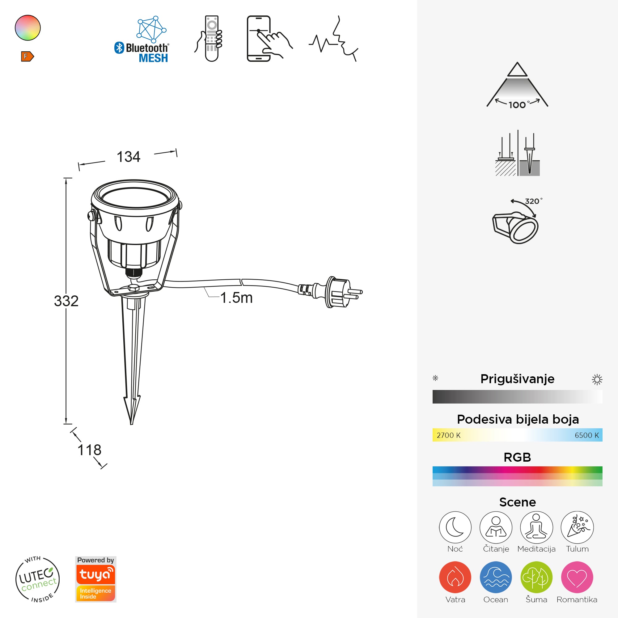 MINI LETO LED vrtna svjetiljka, pametna, tamno siva, 8W, CCT+RGB, IP65, 332mm