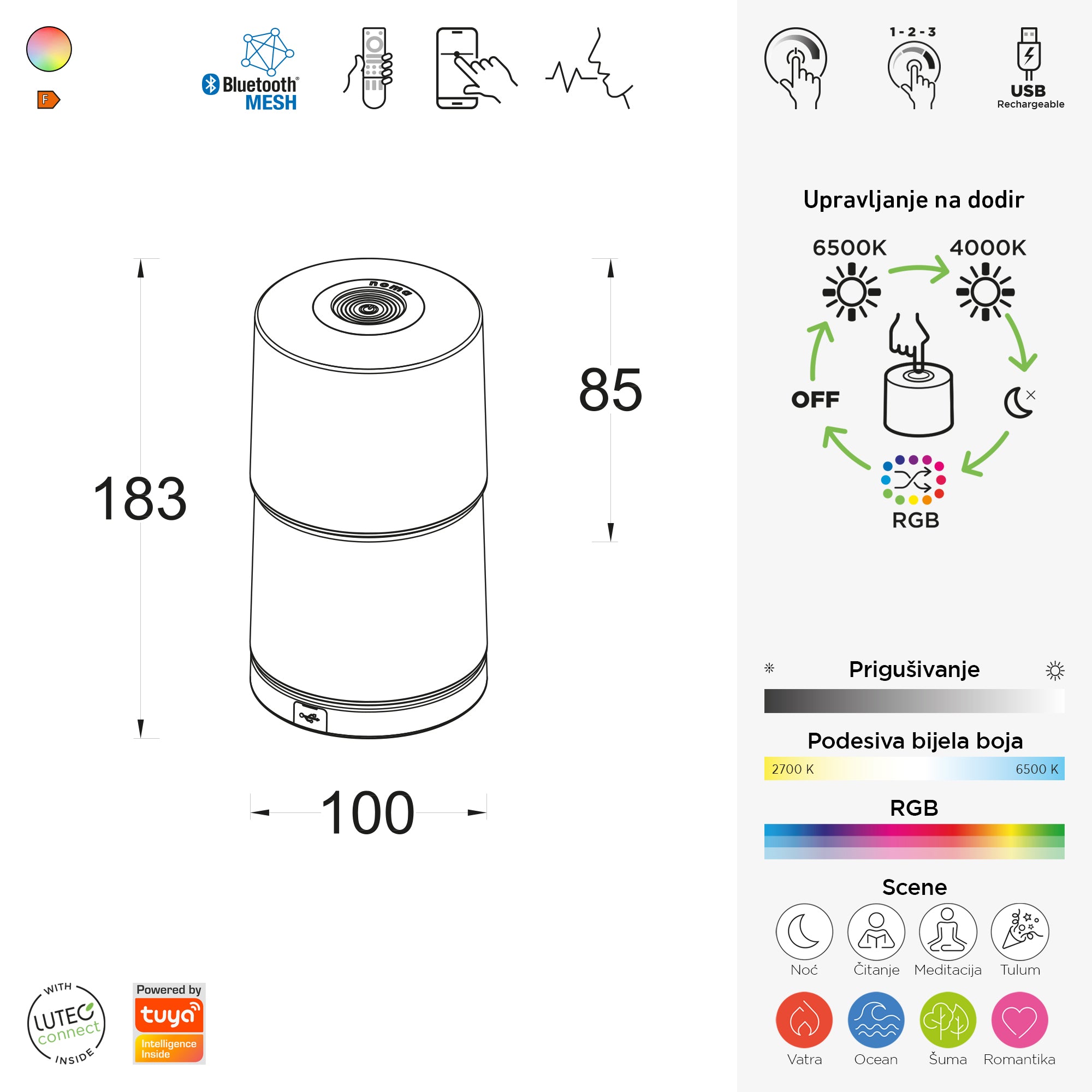 NOMA LED stolna lampa, pametna, bijela, 4.6W, CCT+RGB, IP44, 183mm