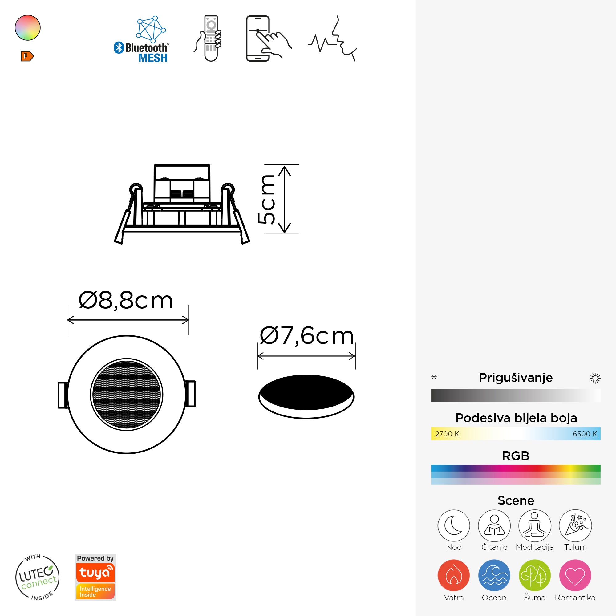 OPTIMA pametna LED ugradbena svjetiljka 7,7W CCT+RGB