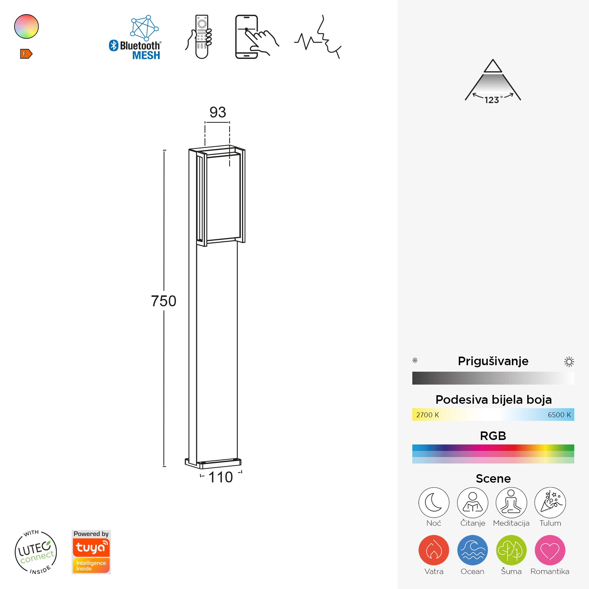 QUBO LED vrtna svjetiljka, pametna, tamno siva, 16W, CCT+RGB, IP54, 750mm