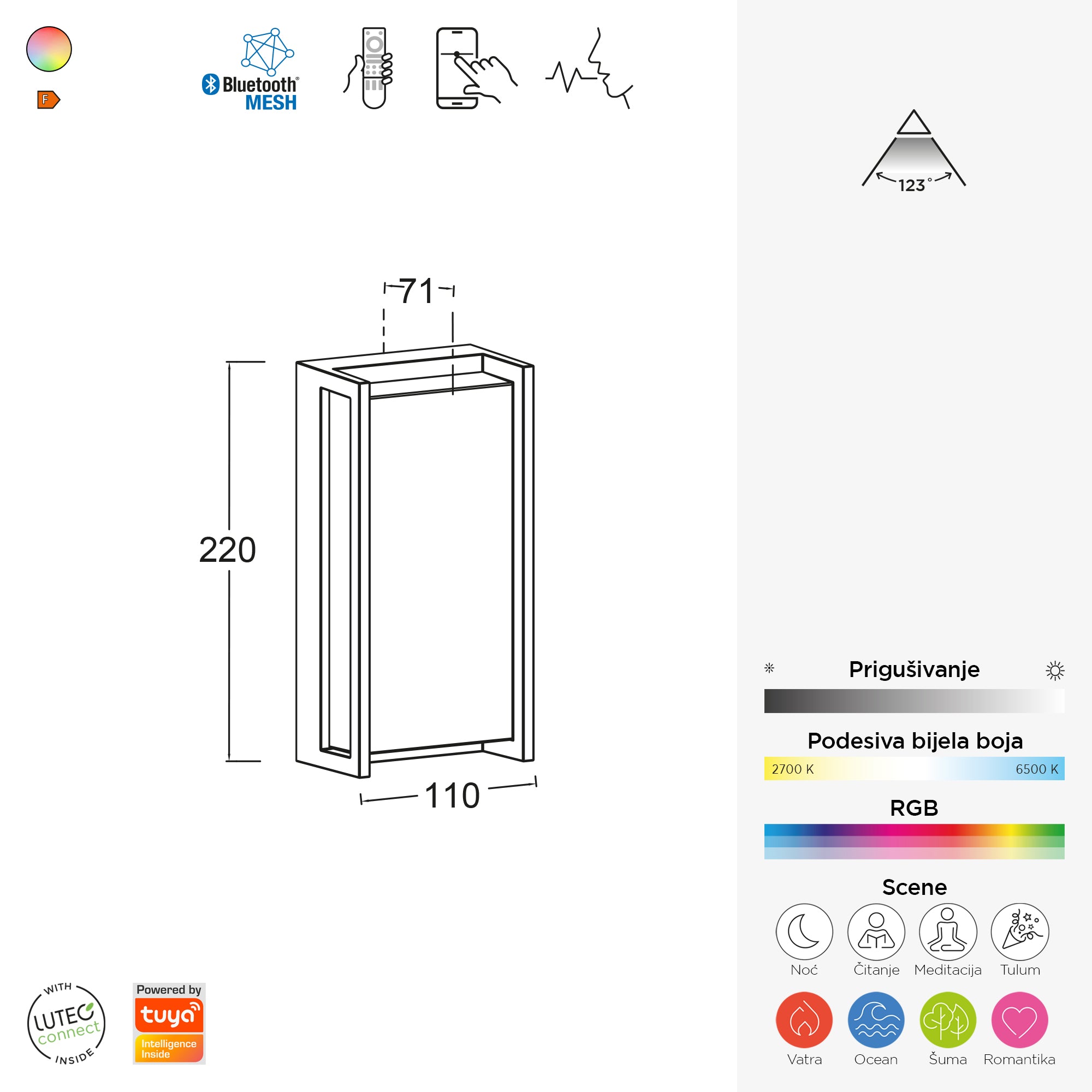 QUBO LED zidna svjetiljka, pametna, tamno siva, 16W, CCT+RGB, IP54, 220mm
