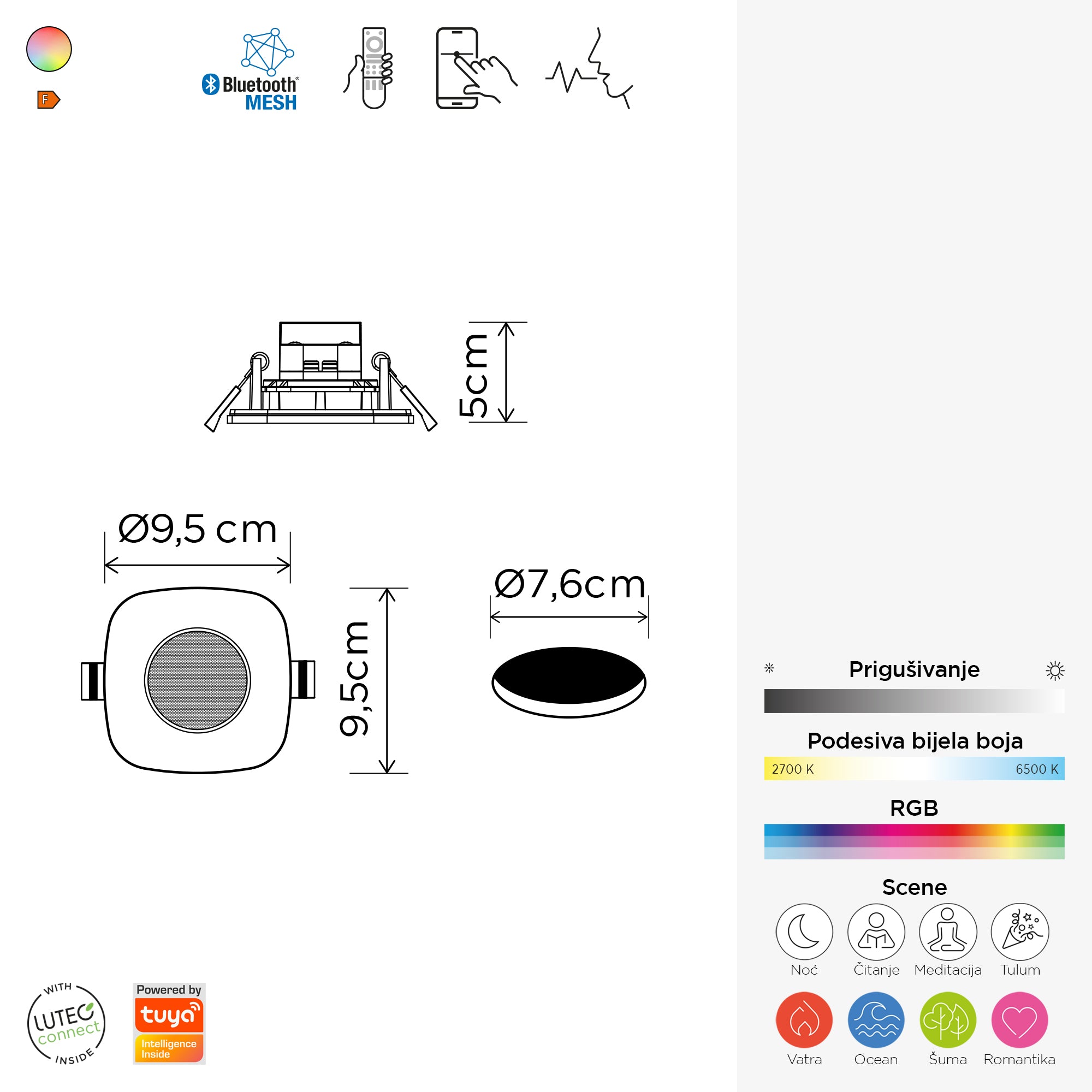 RINA pametna LED ugradbena svjetiljka 7,7W CCT+RGB bijela
