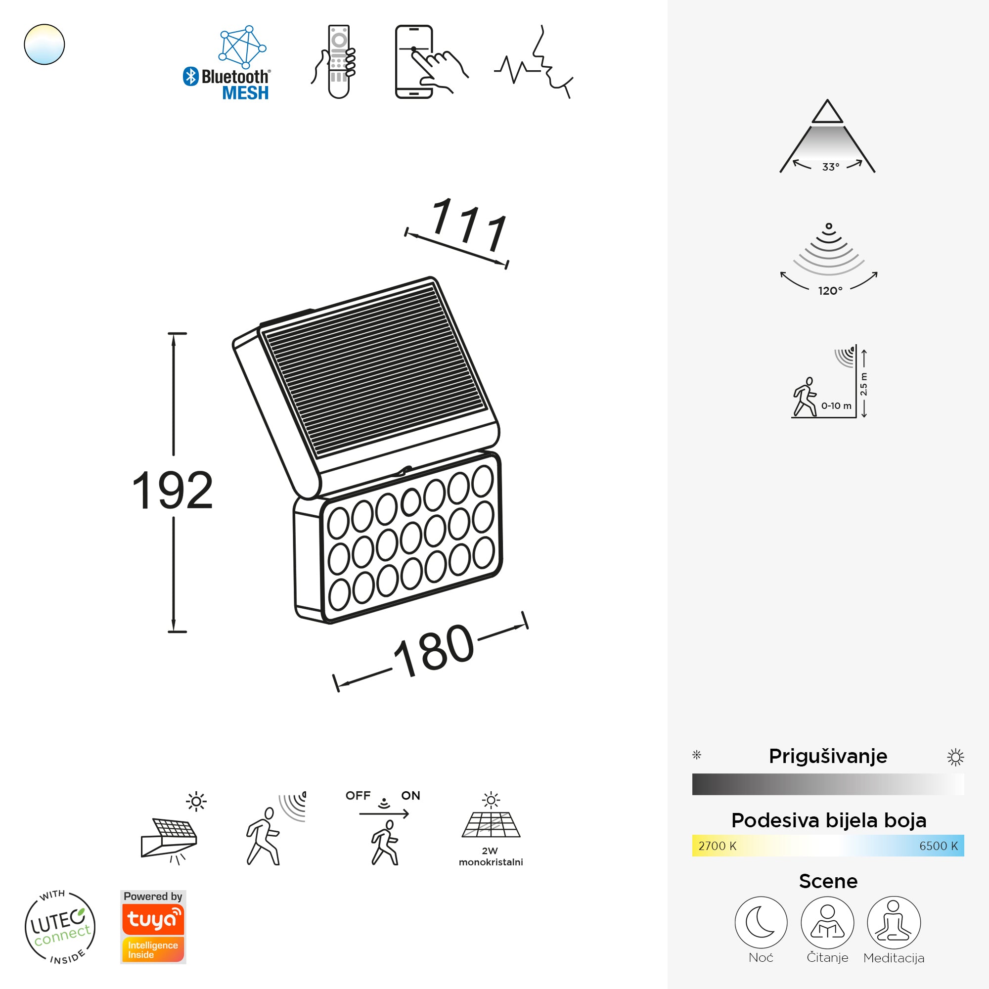 TUDA LED solarni reflektor, senzor pokreta, pametni, mat crna, 8.5W, CCT, IP44, 192mm
