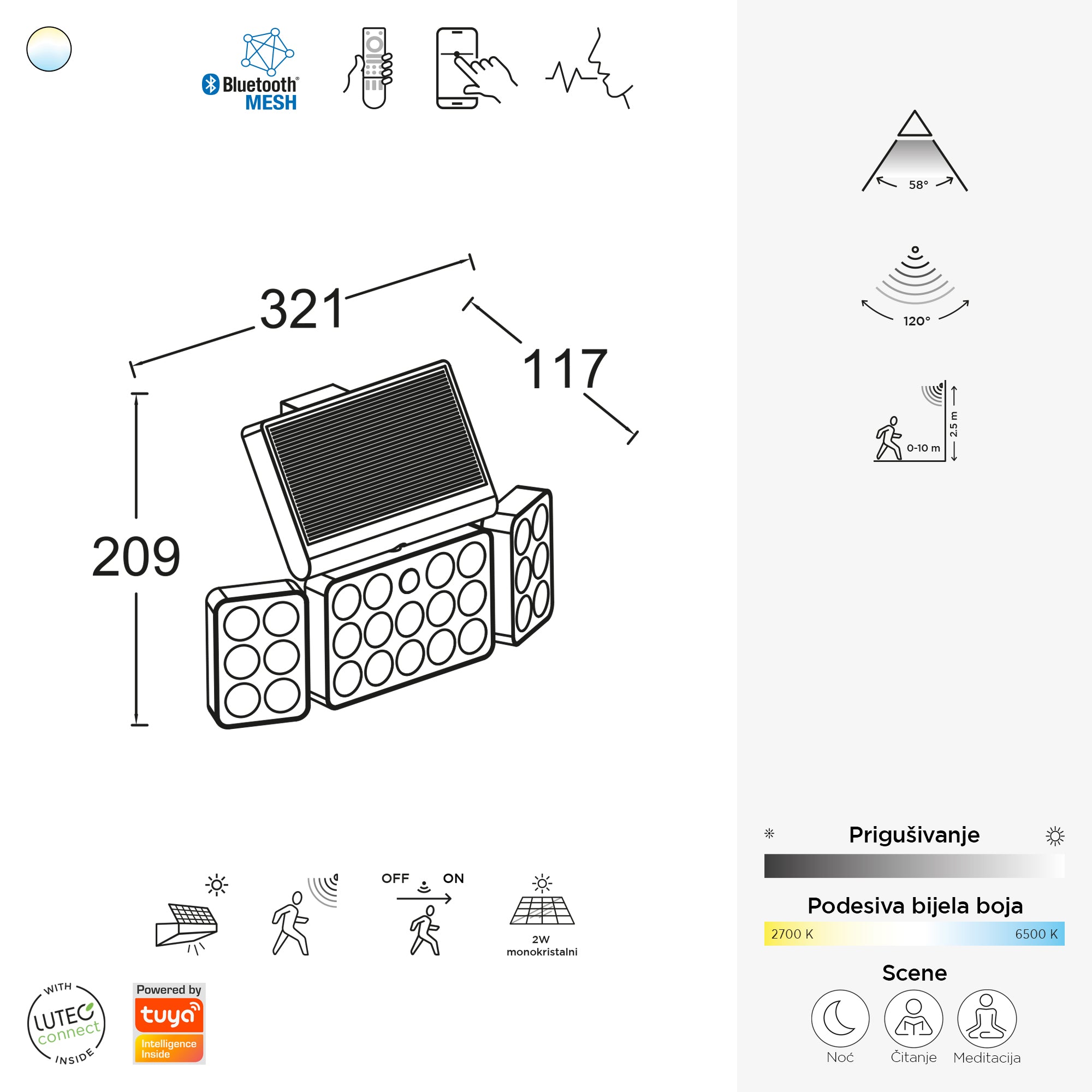 TUDA LED solarni reflektor, senzor pokreta, pametni, mat crna, 13W, CCT, IP44, 209mm