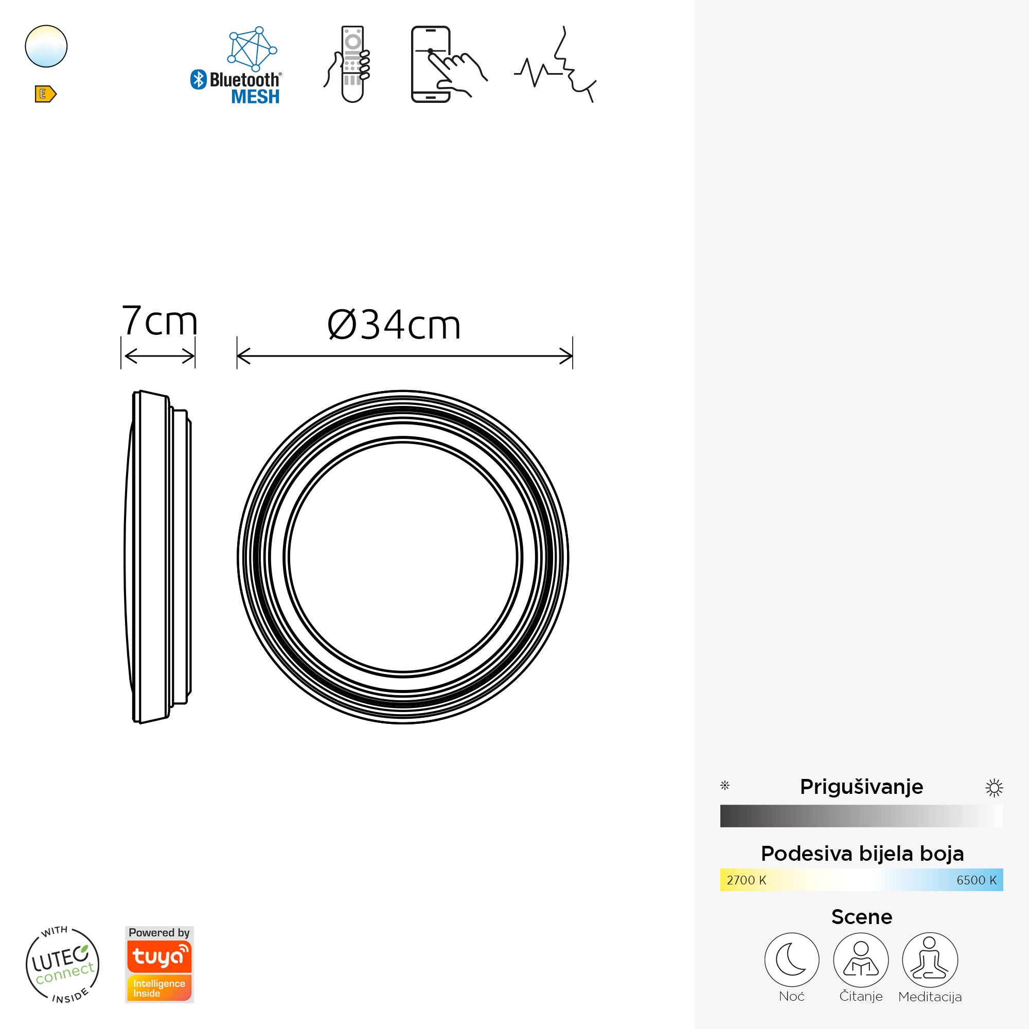 LED stropna svjetiljka VIRTUO, pametna, bijela, 14.7W, CCT, IP20, Ø340mm