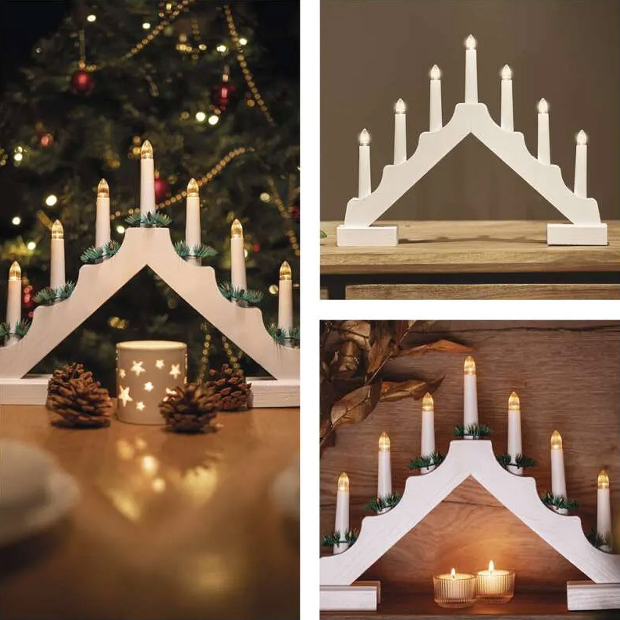 LED Christmas candle holder, indoor, wooden, white, warm white, timer, 2xAA