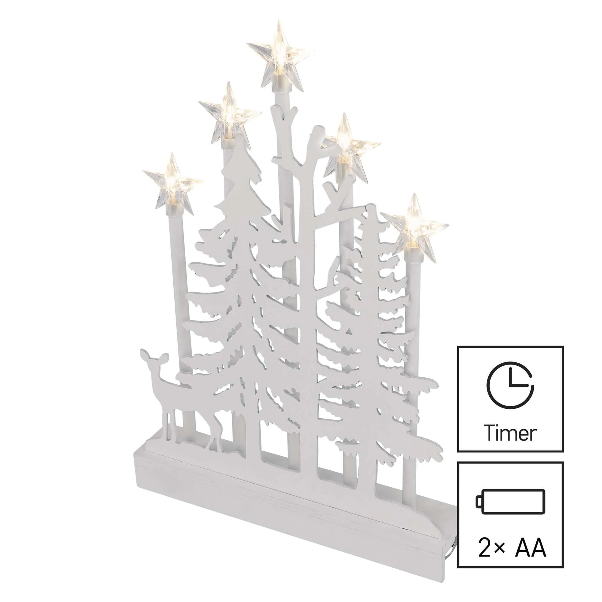 LED božićni svijećnjak, unutarnji, šuma s zvijezdama, toplo bijela, timer, 2xAA