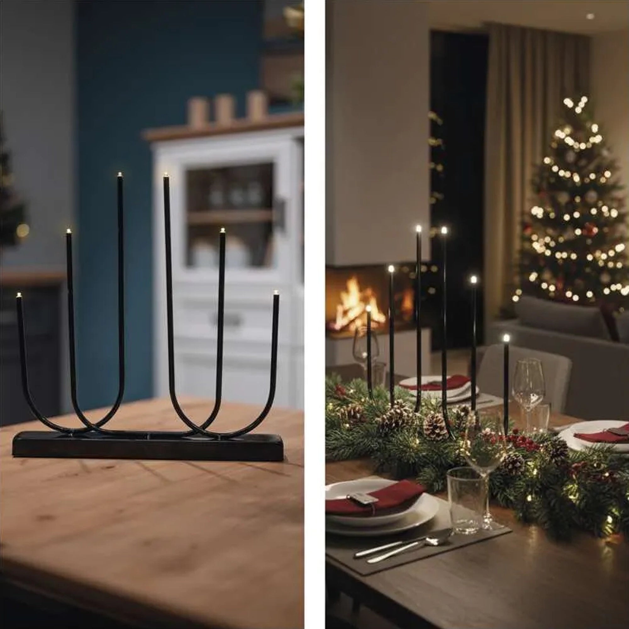 Božićni svijećnjak, metalni, crni, LED, toplo bijela, 2xAA, IP20, 40cm