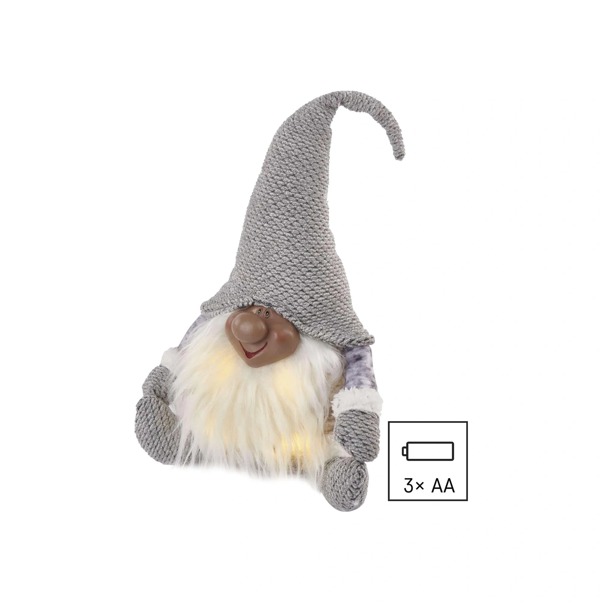 LED Christmas gnome, indoor, warm white, 3xAA, 35cm