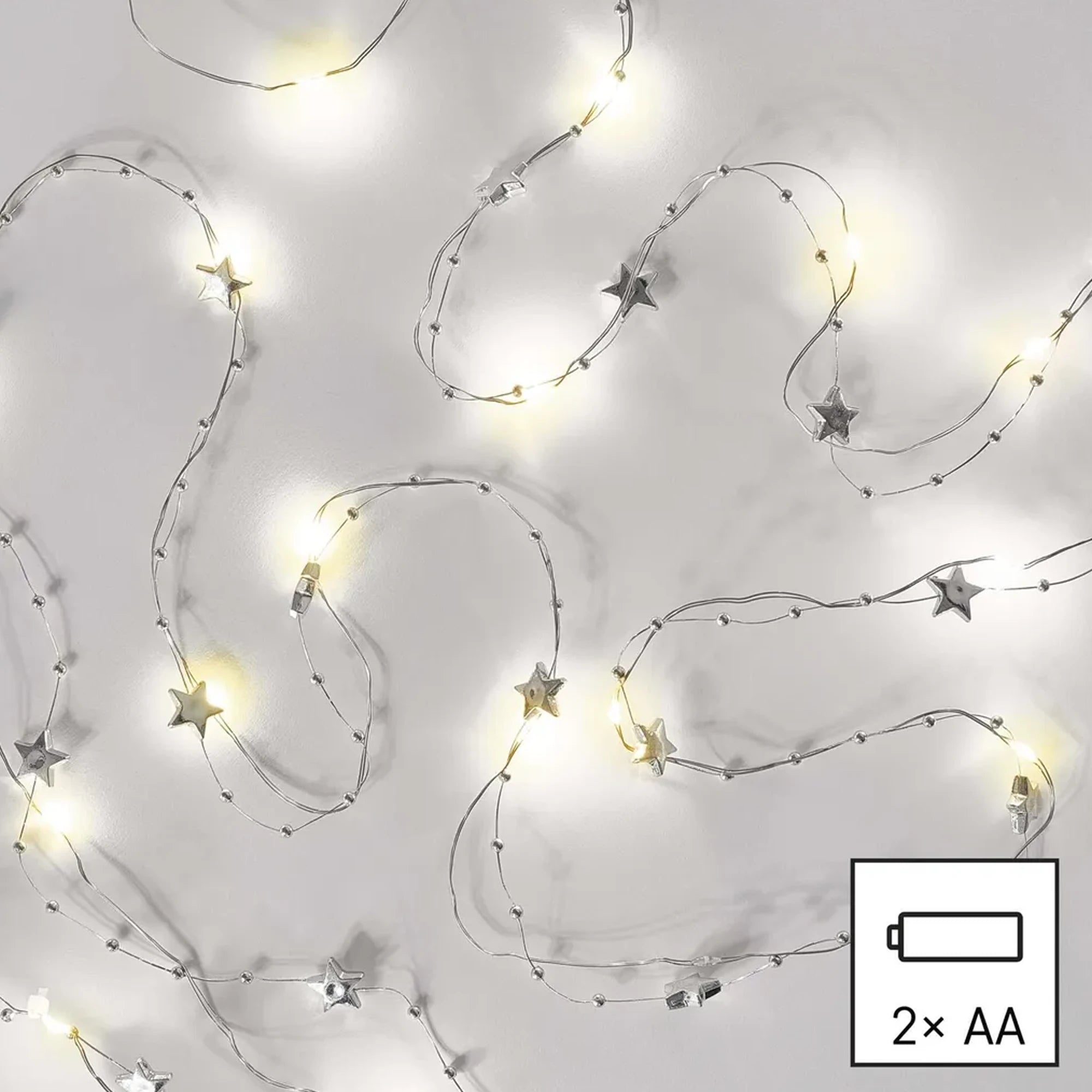 Božićna girlanda, zvijezde, srebrne, LED, toplo bijela, 2xAA, IP20, 1.9m