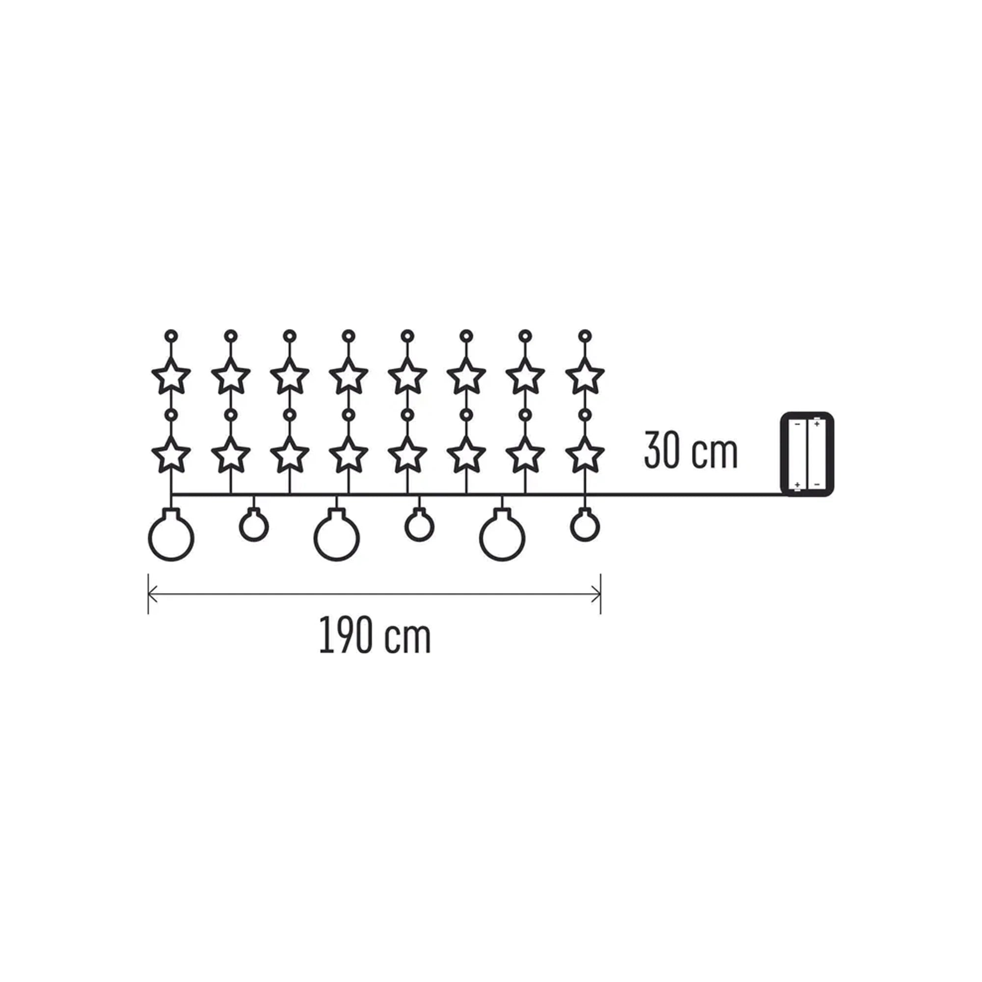 Božićna girlanda, zlatne kugle sa zvijezdama, LED, toplo bijela, 2xAA, IP20, 1.9m