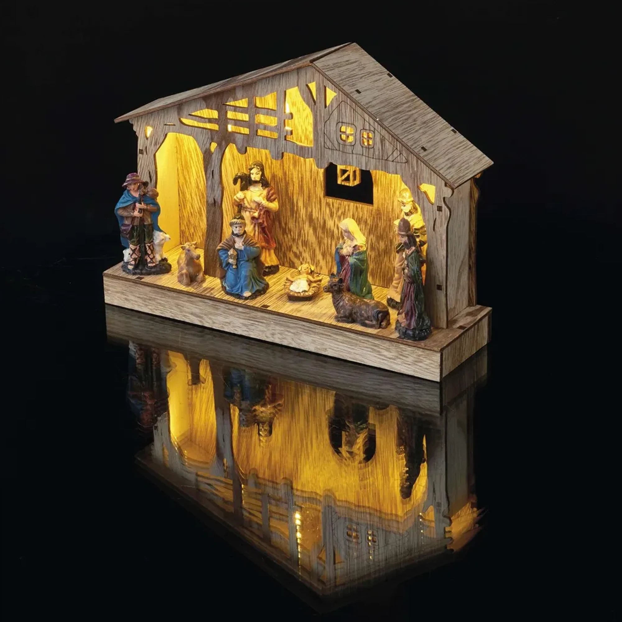 Božićne jaslice, drvene, LED, toplo bijela, 3xAA, IP20, 19cm