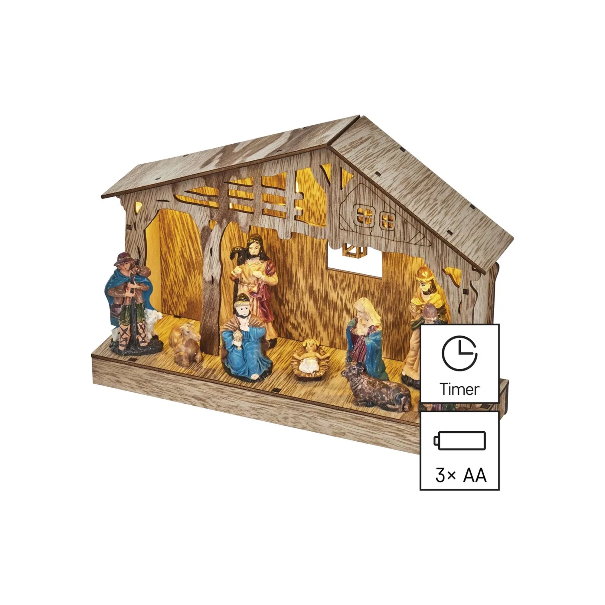 Božićne jaslice, drvene, LED, toplo bijela, 3xAA, IP20, 19cm