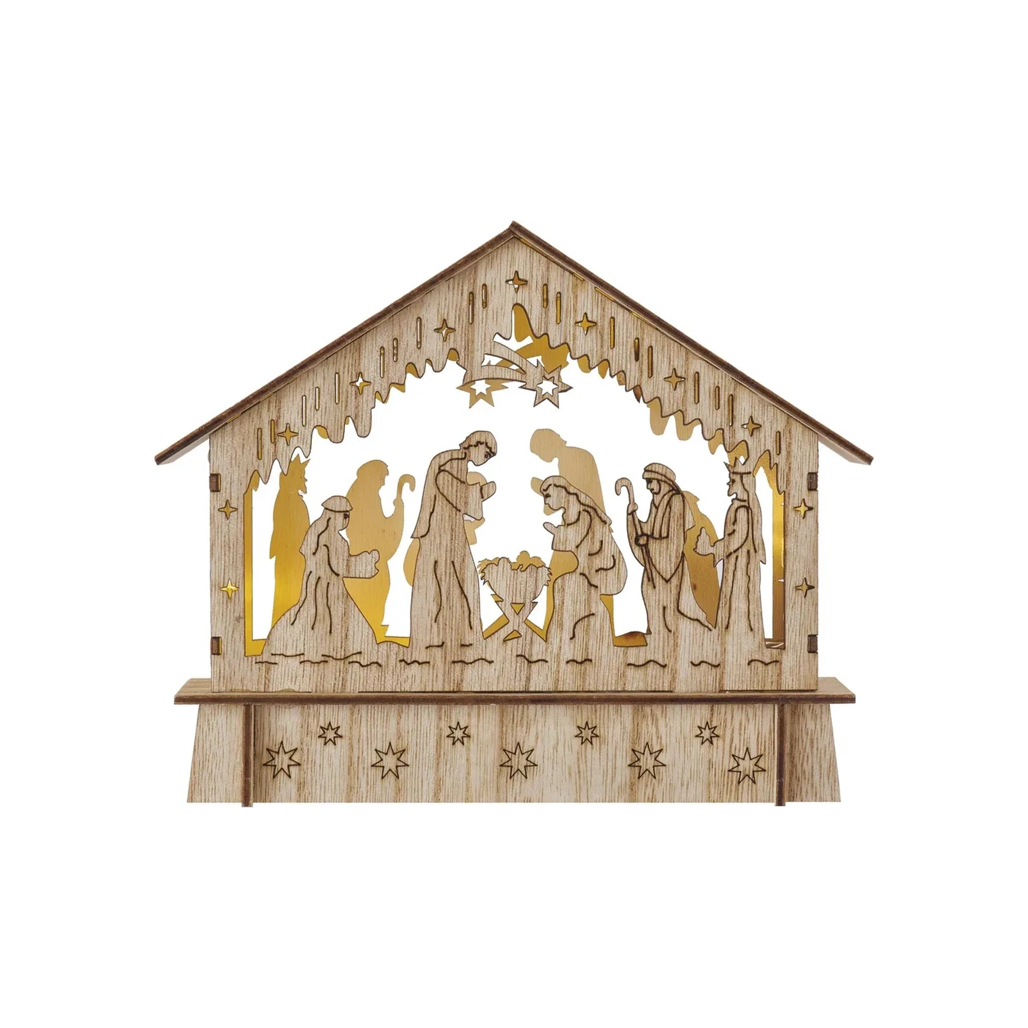 LED Christmas nativity scene, indoor, wooden, warm white, timer, 2xAA, 15cm
