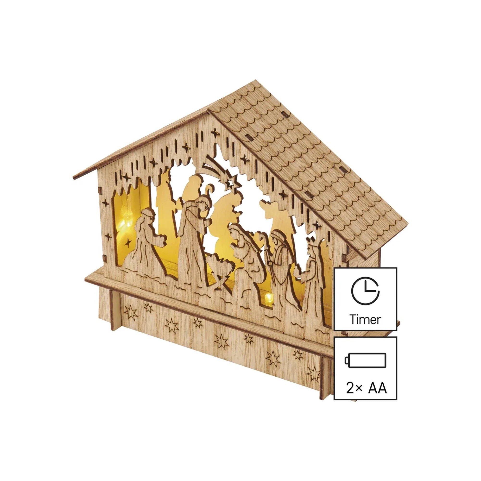 LED Christmas nativity scene, indoor, wooden, warm white, timer, 2xAA, 15cm