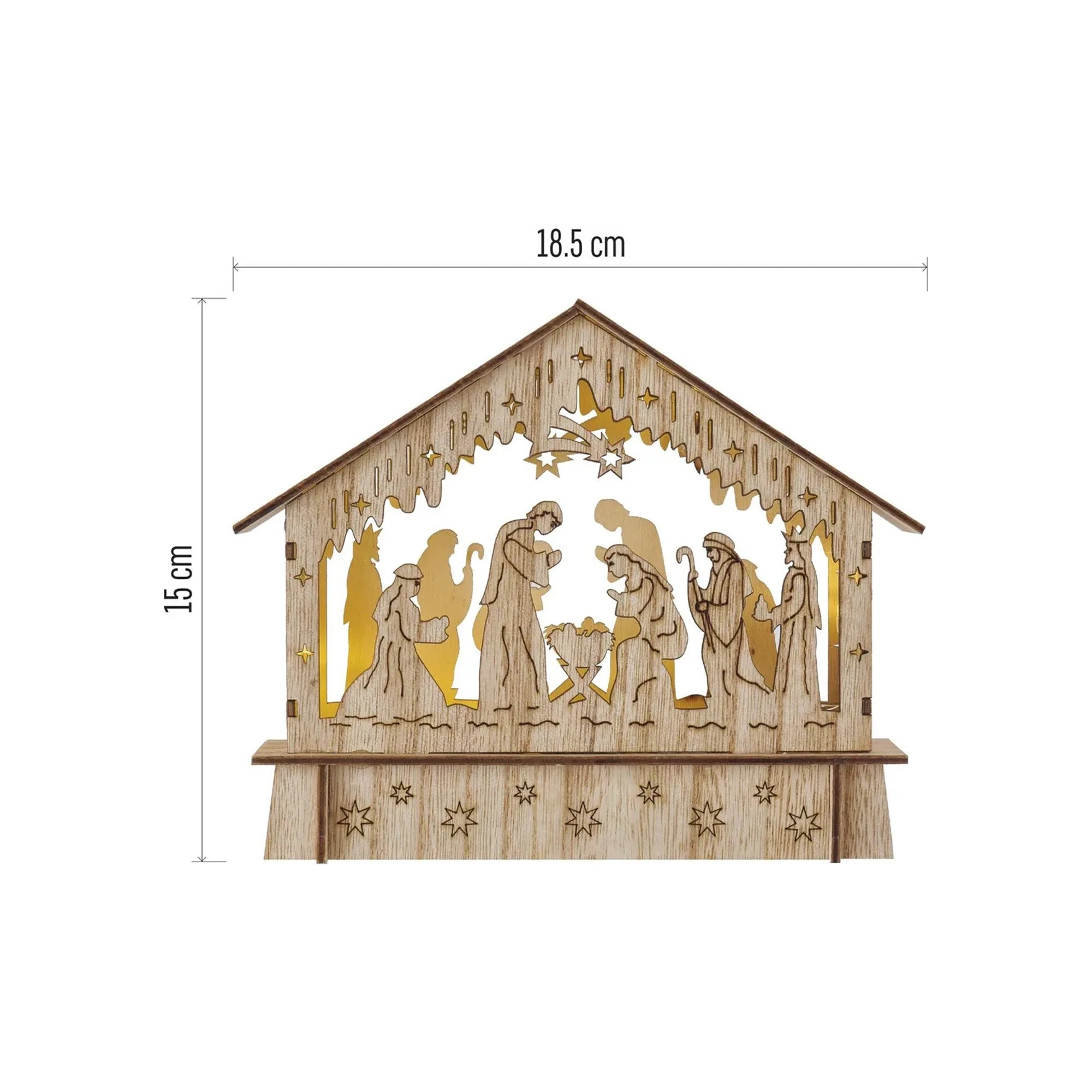 LED Christmas nativity scene, indoor, wooden, warm white, timer, 2xAA, 15cm