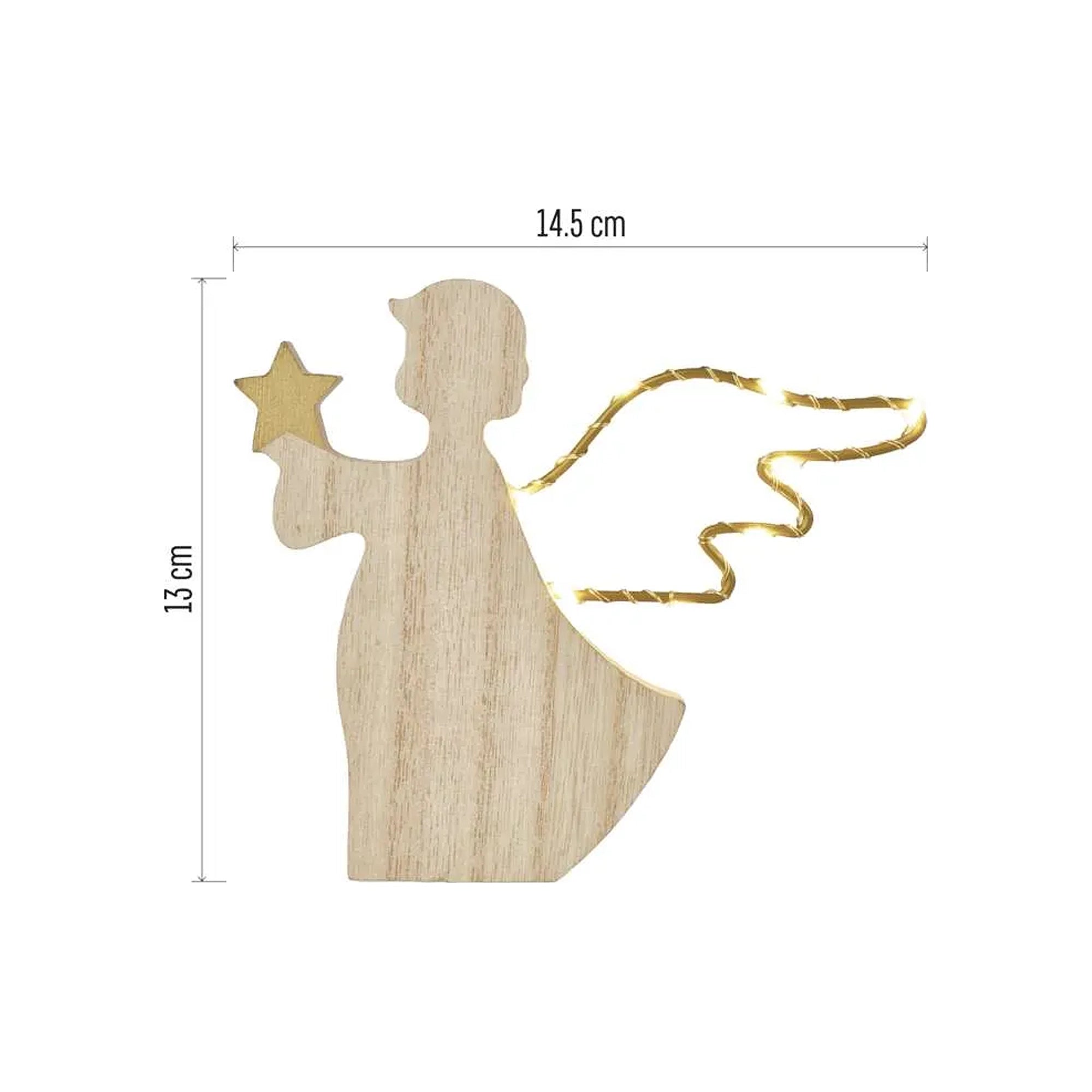 Božićna dekoracija, anđeo, drveni, LED, toplo bijela, 2xAAA, IP20, 13cm