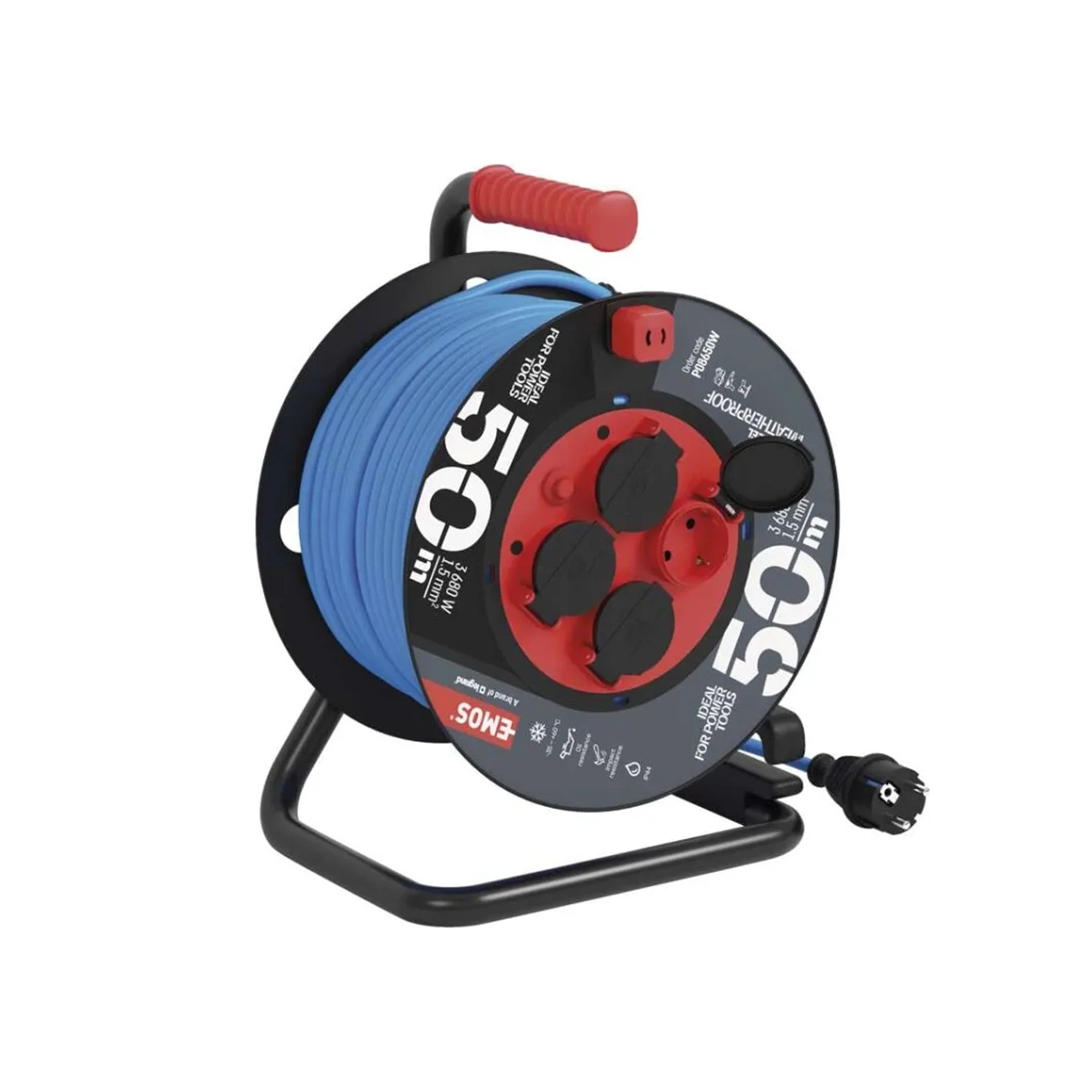 Produžni kabel na kolutu 50m, vodootporni, 4 utičnice, PVC, 1.5mm2, IP44