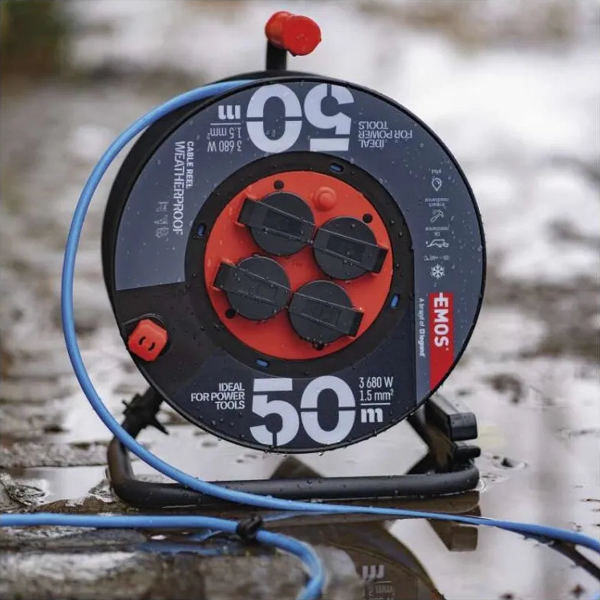 Produžni kabel na kolutu 50m, vodootporni, 4 utičnice, PVC, 1.5mm2, IP44