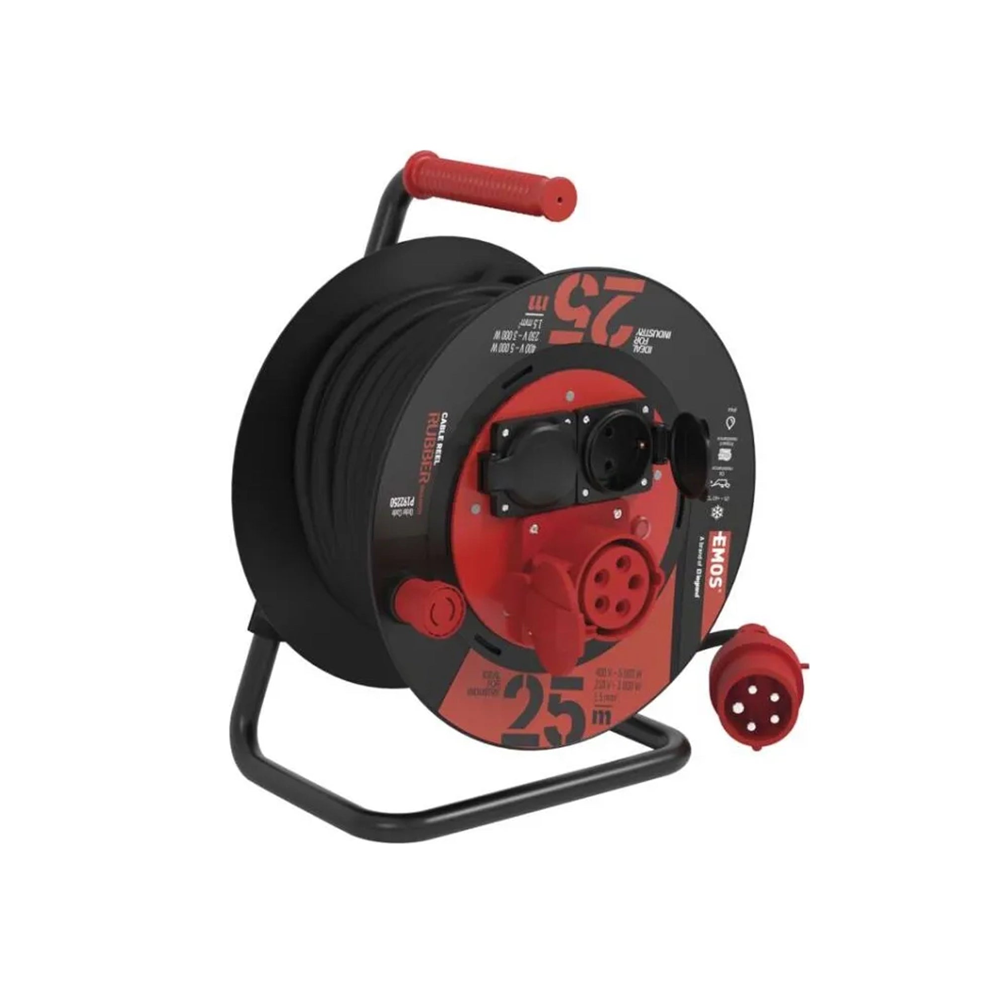 Produžni kabel na kolutu 25m, 3 utičnice, guma, 230V/400V, 1.5mm2, IP44